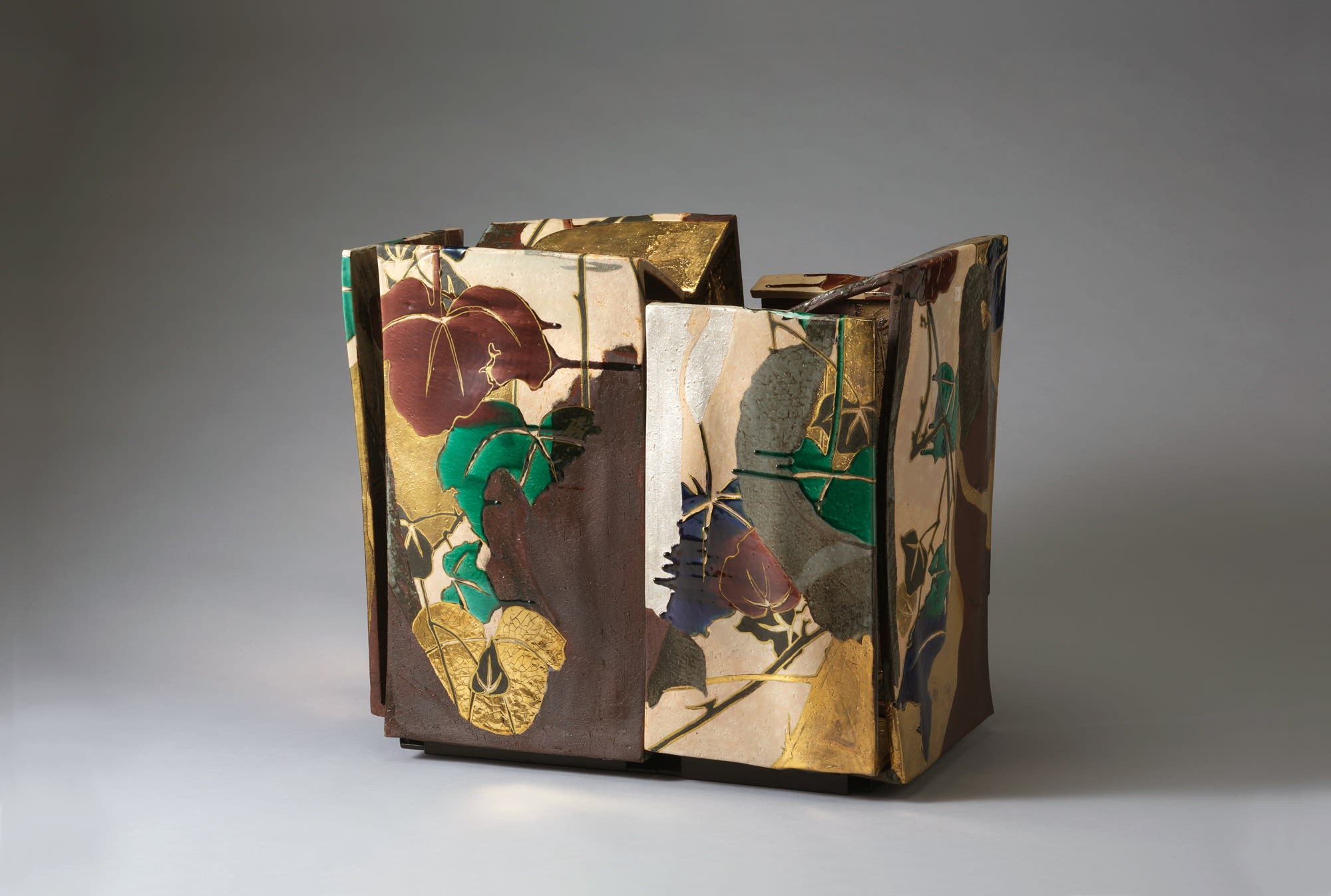 Box that is not a Box with ivy design 2016 Stoneware with polychrome under and over glazes a. 19 1/4 x 12 5/8 x 13 3/8 in.; b. 18 7/8 x 10 1/4 x 14 1/8 in. Inv # 10113 SOLD