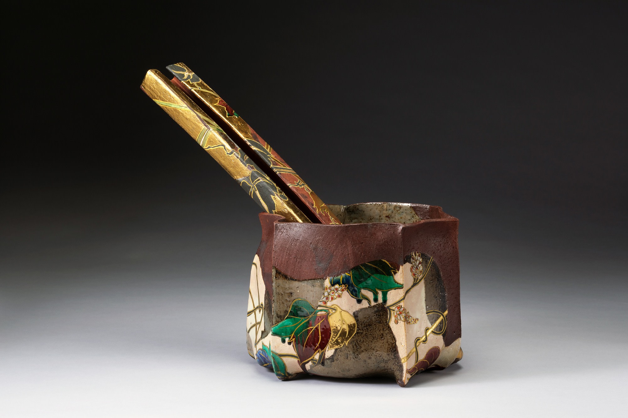 Vessel with summer and fall floral design and separate ladle-rest 2016 Stoneware with polychrome under and over glazes a. 7 7/8 x 11 x 11 in.; b. 3 x 20 1/2 x 1 1/2 in. Inv# 10123 SOLD