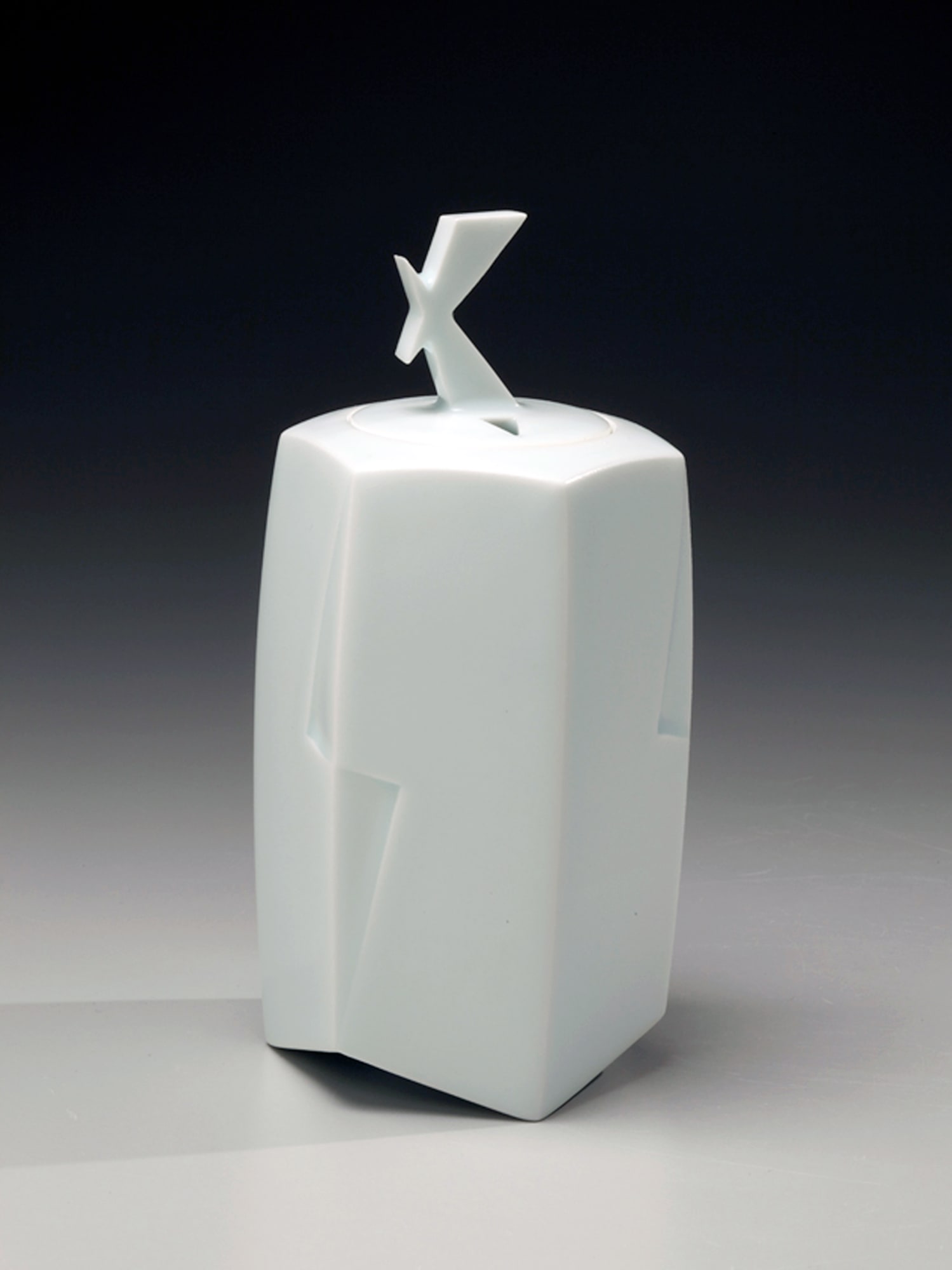 Standing five-sided faceted incense burner with crossed lid handle 2012 Glazed porcelain 6 1/2 x 3 1/4 x 3 in. Inv# 7666 SOLD
