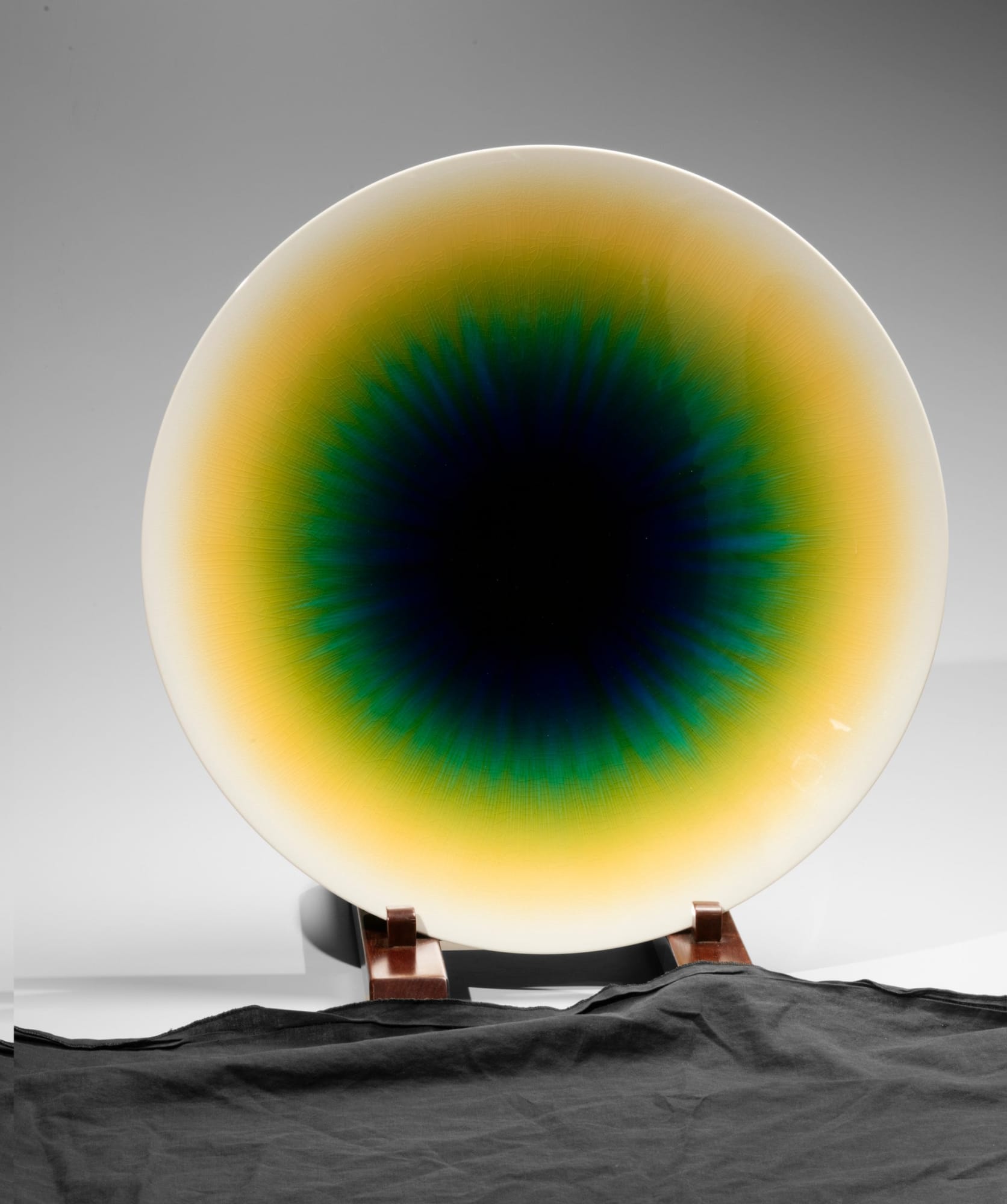 Tokuda Yasokichi III (1933-2009) Round platter with dark blue, emerald green, turquoise and yellow Kutani glazes 1991 (Heisei 3) December 3 x 17 7/8 x 17 7/8 in. Inv#10266 SOLD