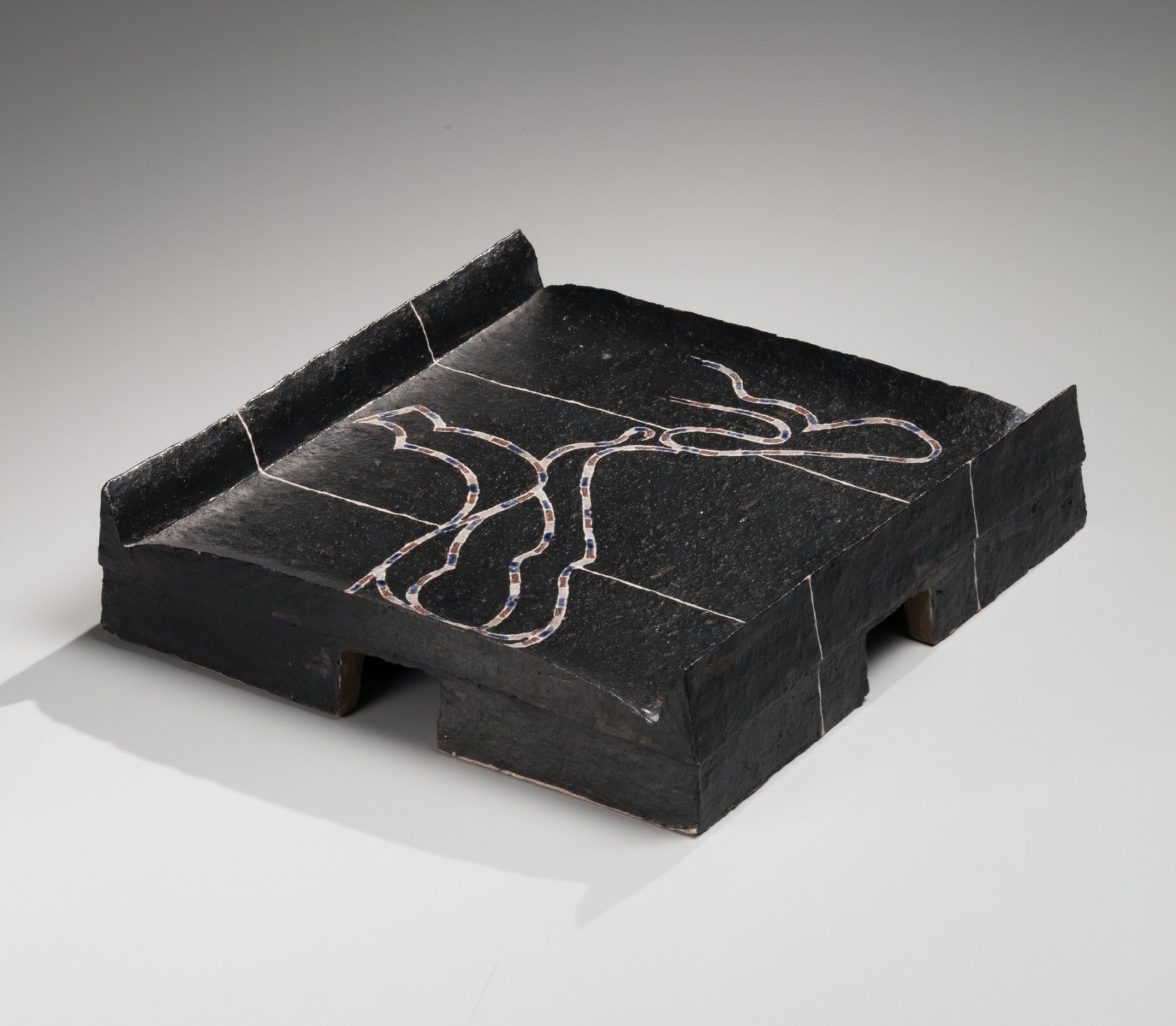 Kamoda Shōji Raised, footed platter with polychrome enamel curvilinear patterning 1977 Glazed stoneware 2 1/8 x 10 in. Inv# 10288 SOLD