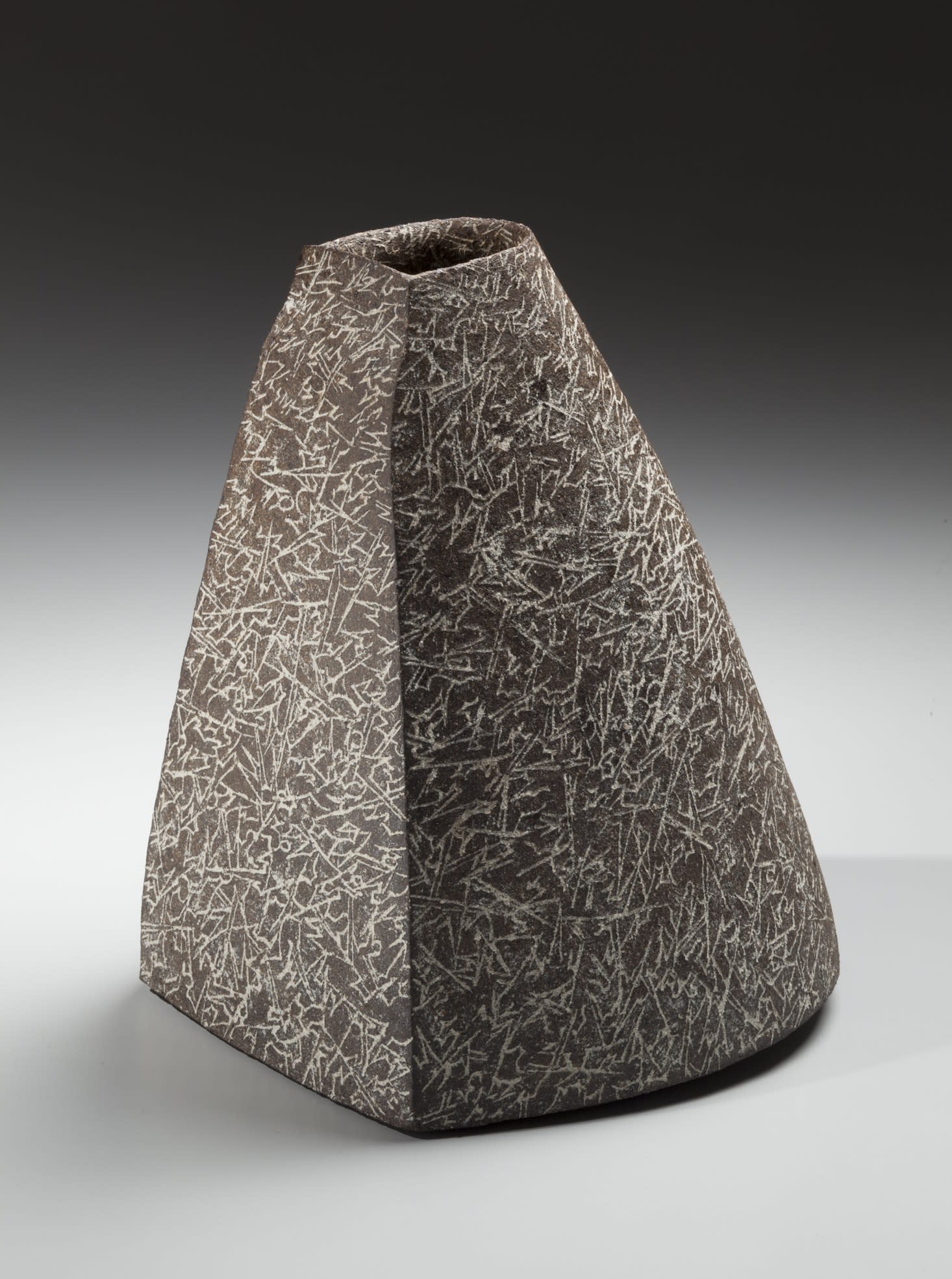 Wada Morihiro Sanmonki "Cedar-patterned Pyramidal" vessel 1981 Slip-glazed stoneware 9 x 6 3/4 x 7 1/2 in. Inv# 9179 SOLD