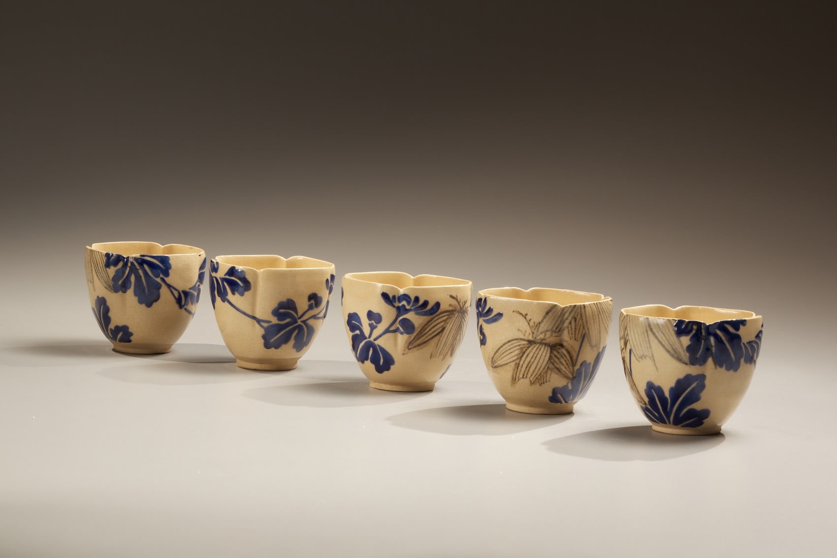 Unknown A set of 5 small bowls of Mizoro-yaki style of Kyoto ca. 1840 (the end of Edo period) Stoneware with polychrome glazing 2 1/2 x 2 3/4 inches SOLD