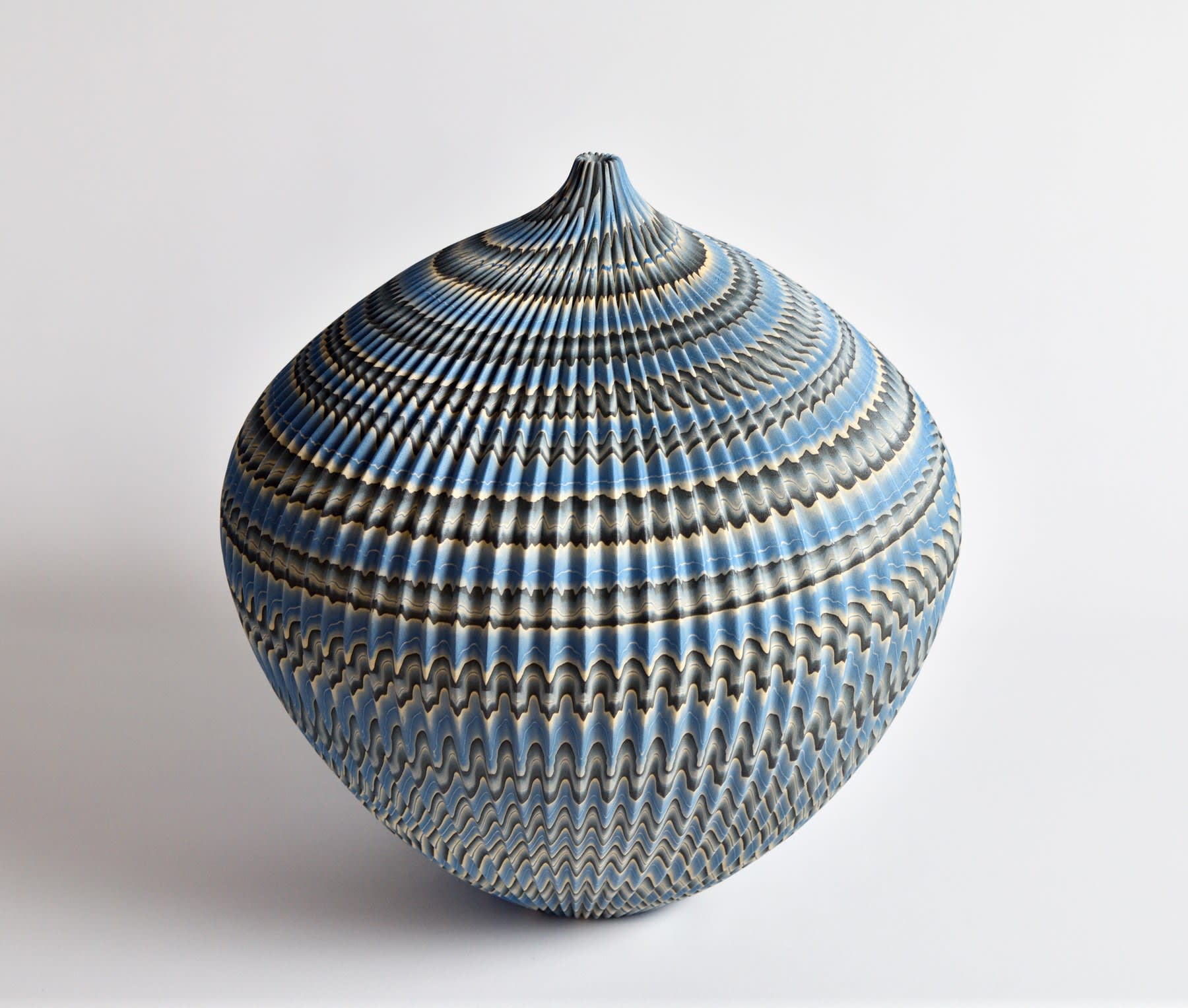 Ogata Kamio (b. 1949) Neriage (marbleized) vessel with a carved, ridged surface, sloped shoulder, tapered base, short neck and small round mouth 2019 Marbleized stoneware 12 1/4 x 11 5/8 x 11 5/8 in. Inv# 11247 SOLD