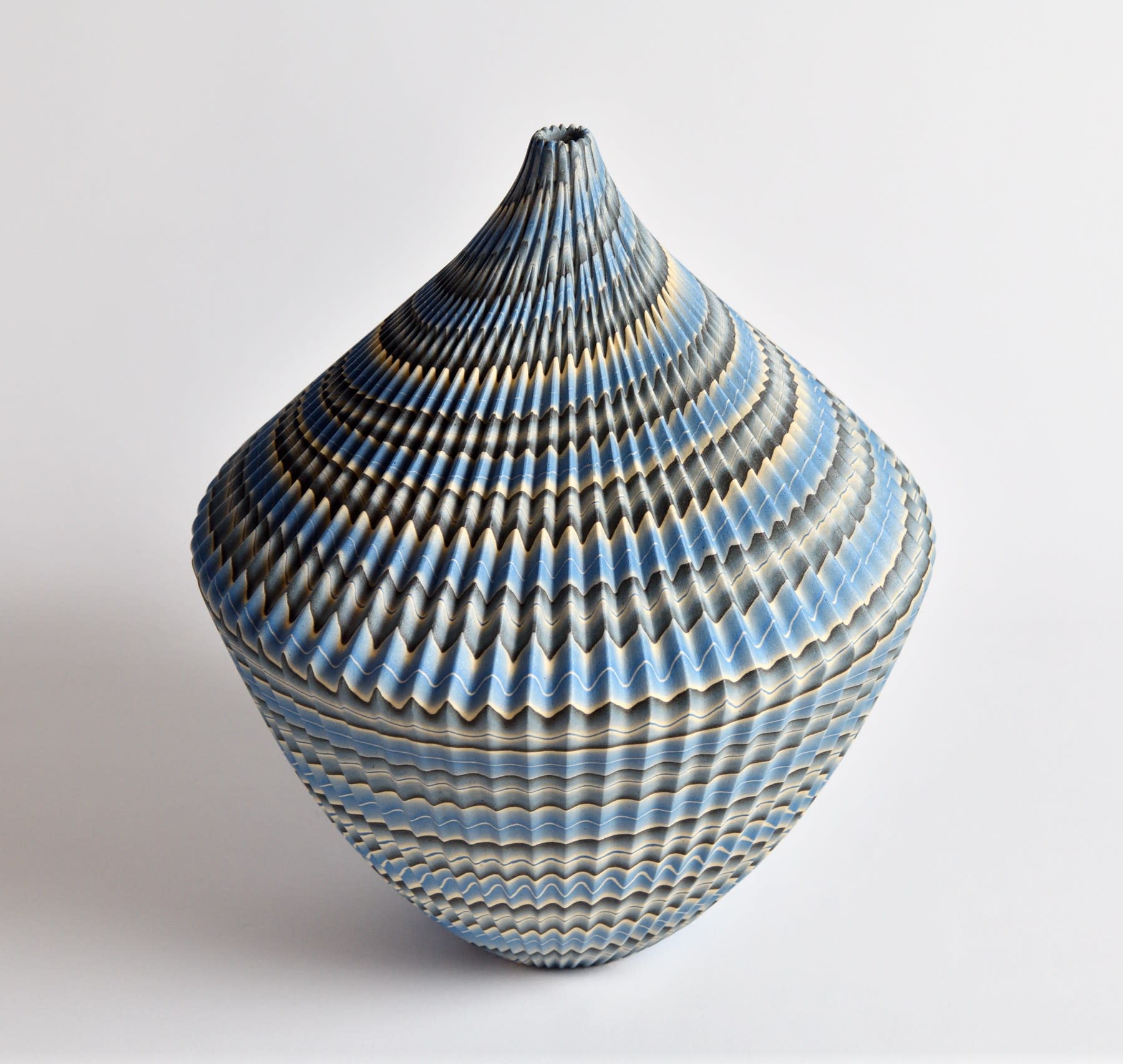 Ogata Kamio (b. 1949) Top-like neriage (marbleized) vessel with carved, ridged surface, sloped shoulder, tapered base, narrow neck and small mouth 2019 Marbleized stoneware 11 1/4 x 9 1/2 x 9 1/2 in. Inv# 11249 SOLD