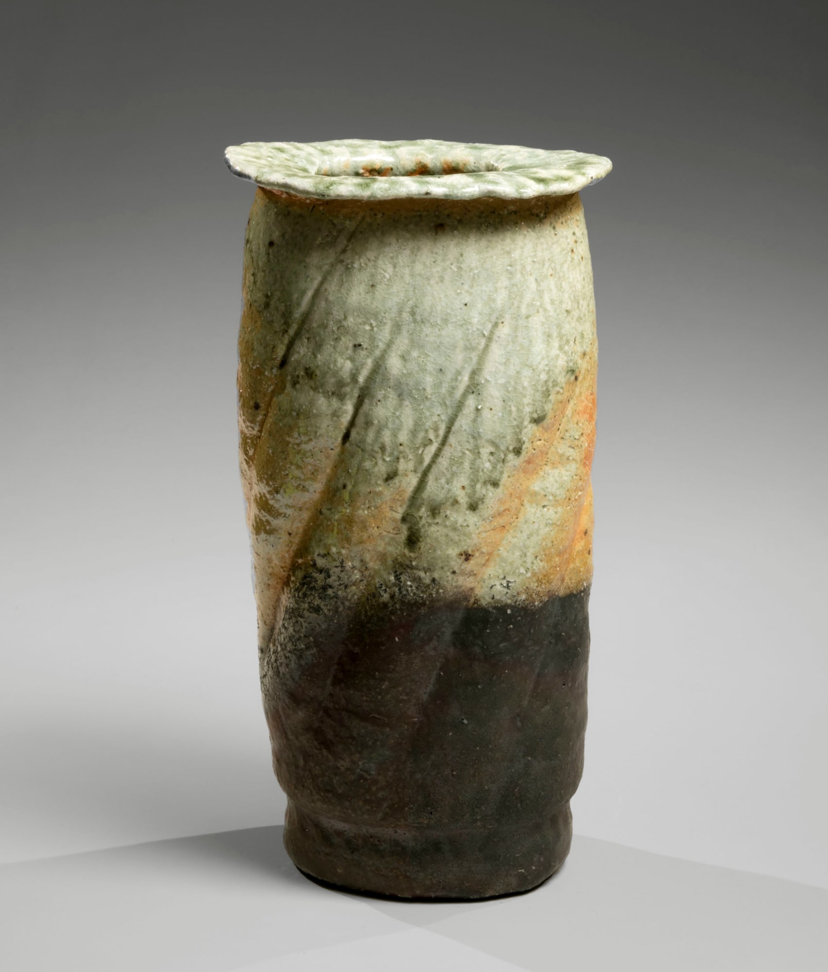 NISHIHATA TADASHI (b. 1948) Tubular vase with flattened mouth, covered with a Tamba ash glaze 2018 Tamba ash-glazed stoneware 15 3/4 x 8 1/8 x 6 1/4 in. Inv# 11075
