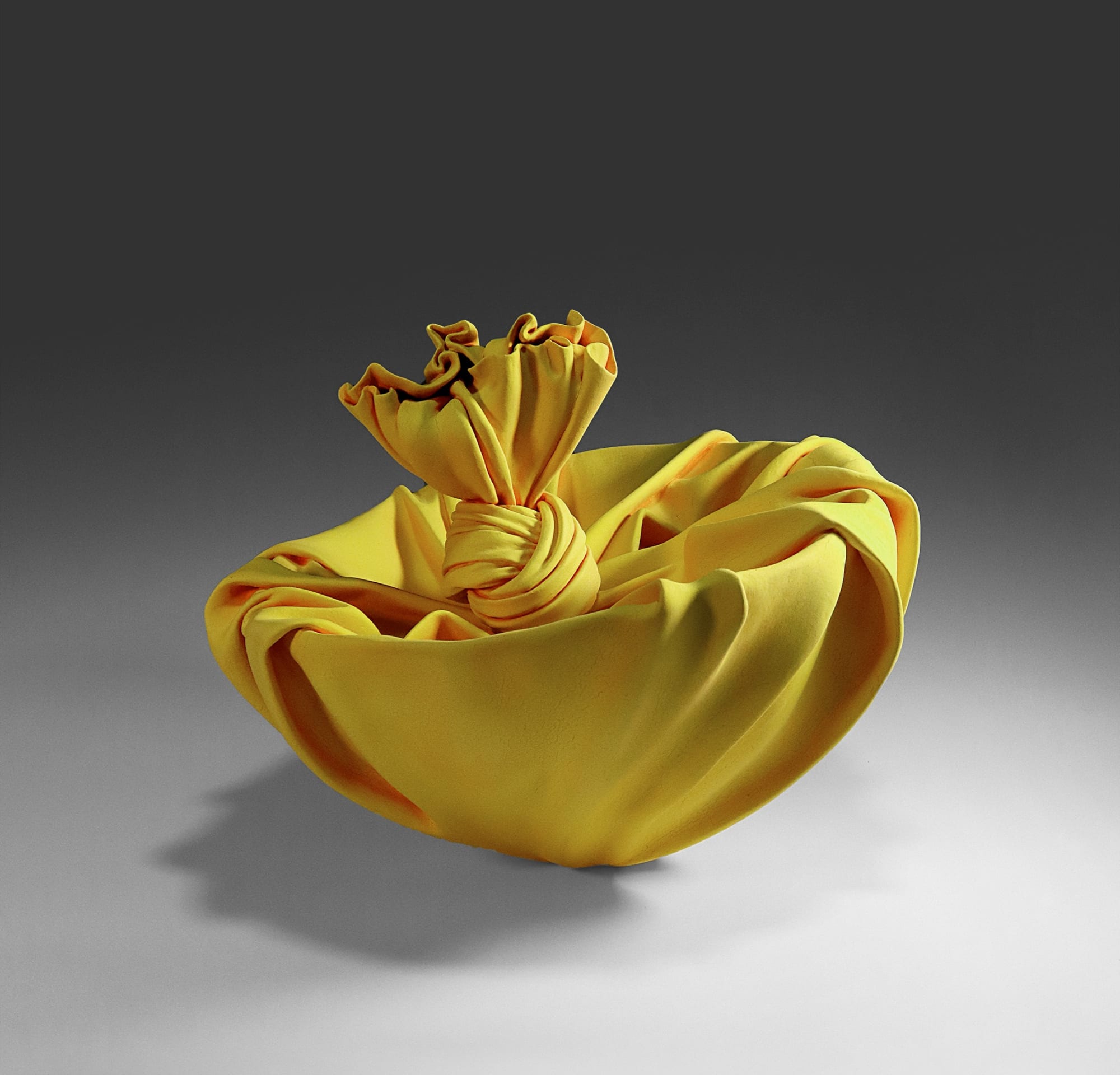 Tanaka Yū (b. 1989) Yellow sculpture in the shape of a knotted furoshiki (wrapping cloth) enclosing a large bowl 2019 Matte-glazed stoneware 13 3/4 x 16 7/8 x 16 7/8 in. Inv# 11238 SOLD