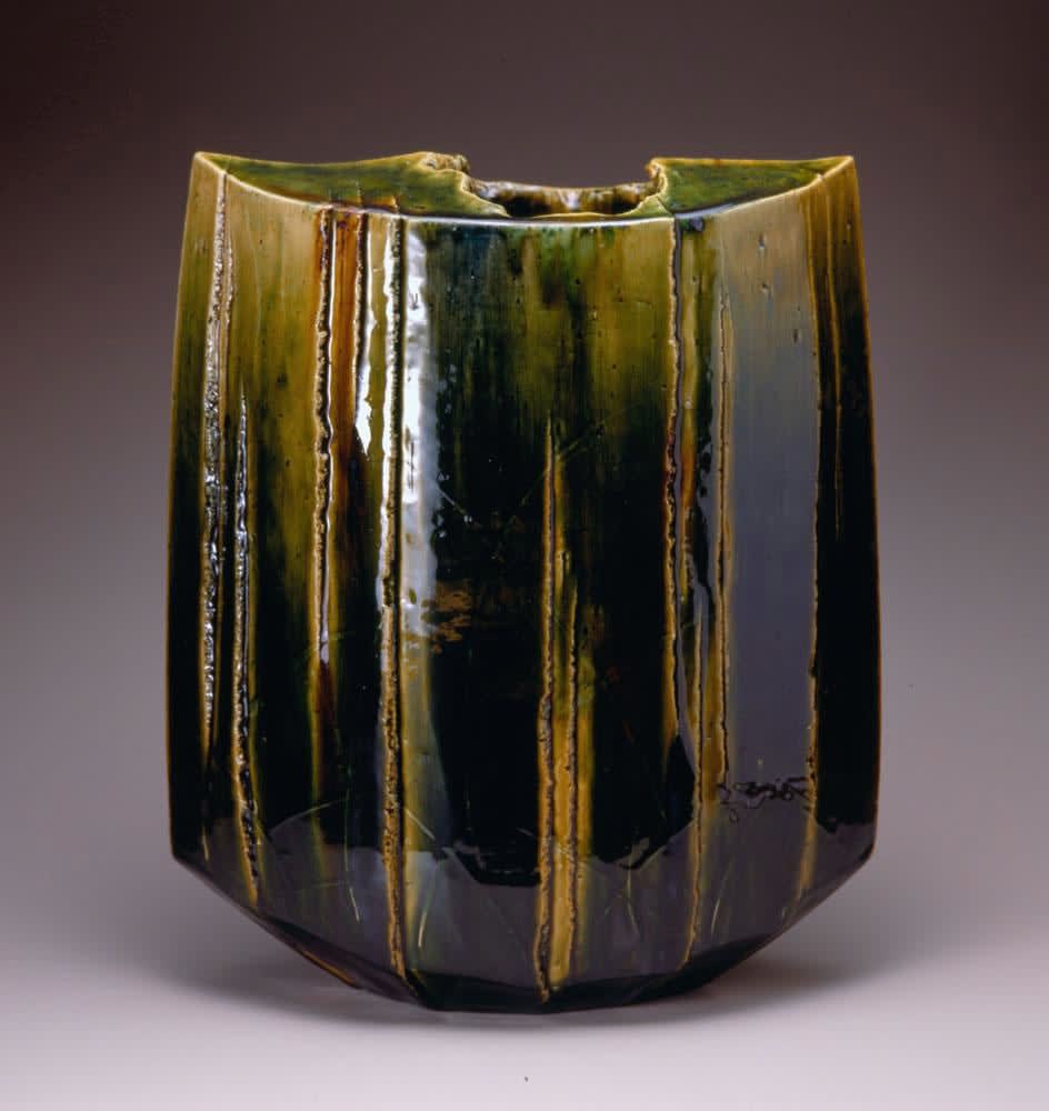Green oribe glazed standing vessel, ca. 2006 Inv# 4495