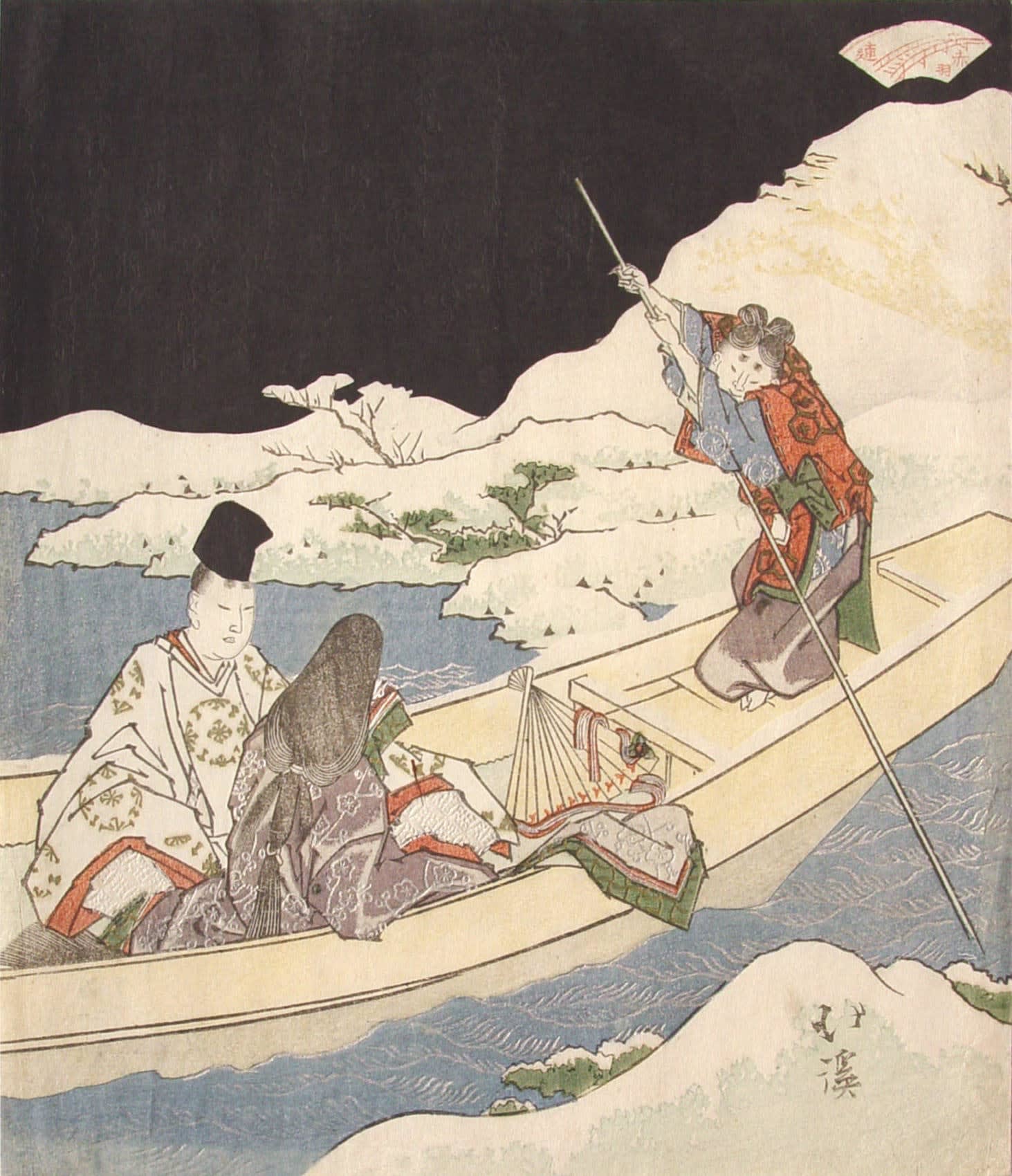 TOTOYA HOKKEI Ukifune: Fifty-first chapter of 'The Tale of Genji' showing Prince Niou pledging his eternal love to Ukifune 1826, Year of the Dog Shikishiban surimono Inv# 5160