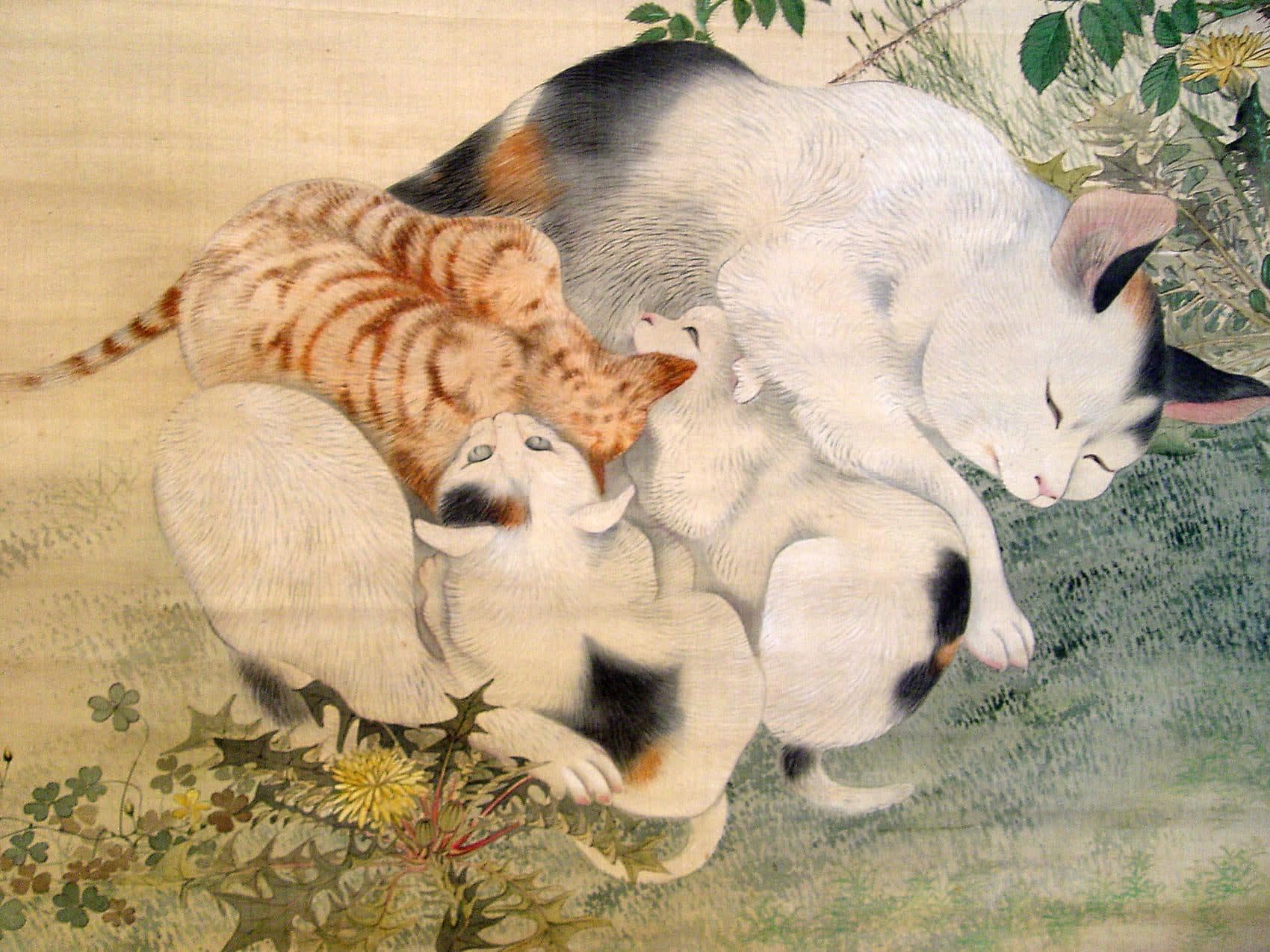 Kawabata Gyokushô (1842 - 1913) Cat and kittens beneath an old wisteria vine with blooming Chinese roses, dandelions and butterflies 1881 Hanging Scroll; Ink and color on silk with original mount 57 x 26 3/4 inches Inv#5674