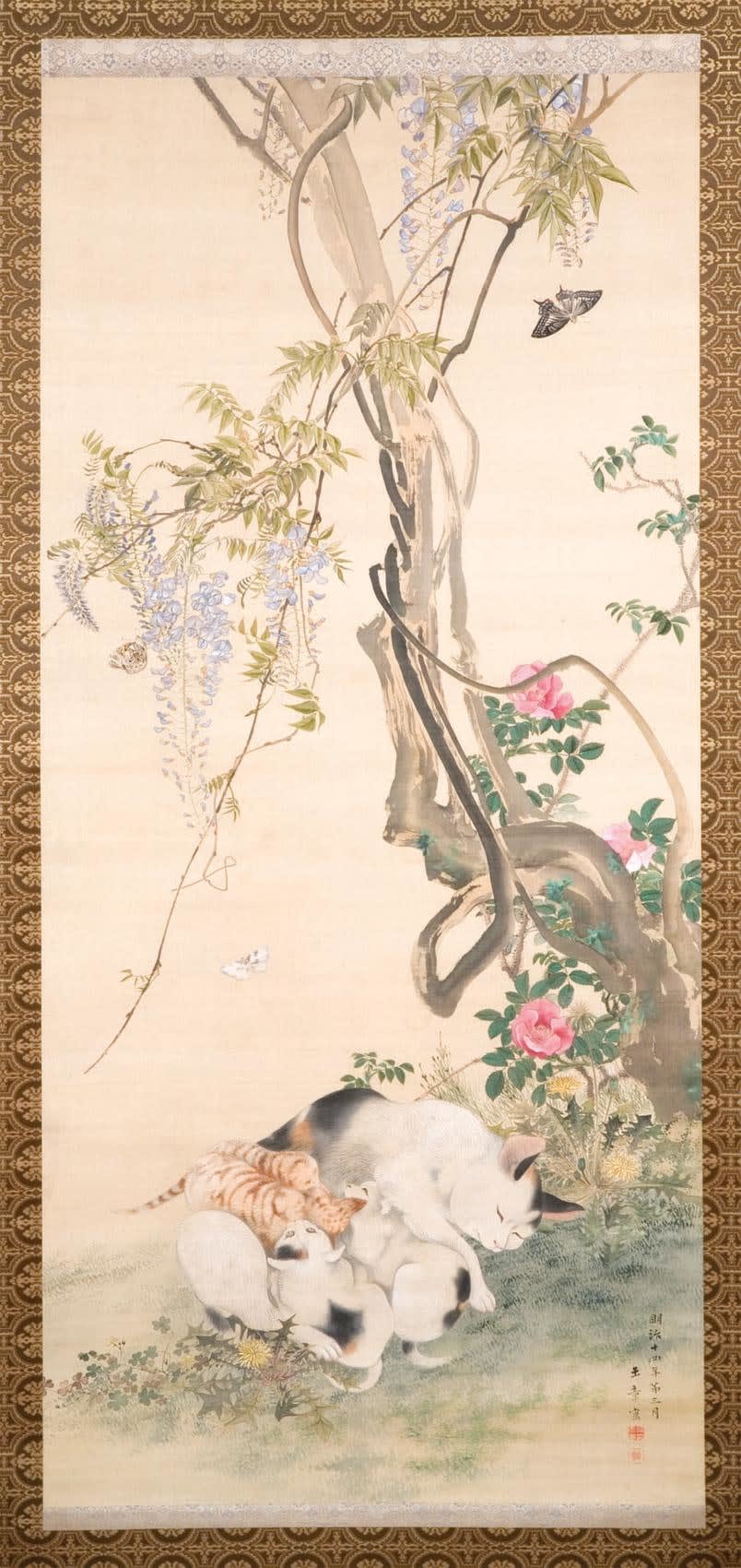 Kawabata Gyokushô (1842 - 1913) Cat and kittens beneath an old wisteria vine with blooming Chinese roses, dandelions and butterflies 1881 Hanging Scroll; Ink and color on silk with original mount 57 x 26 3/4 inches Inv#5674
