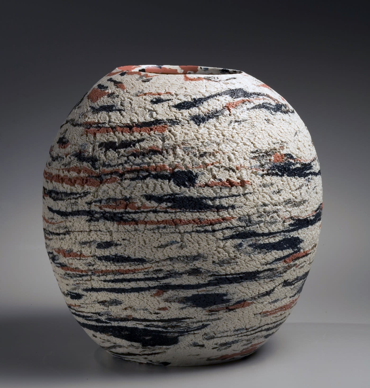 Matsui Kōsei (1927-2003) Vessel with clay inlays and sand-treated surface Stoneware with colored clay inlays 12 5/8 x 12 1/5 inches Inv# 5696