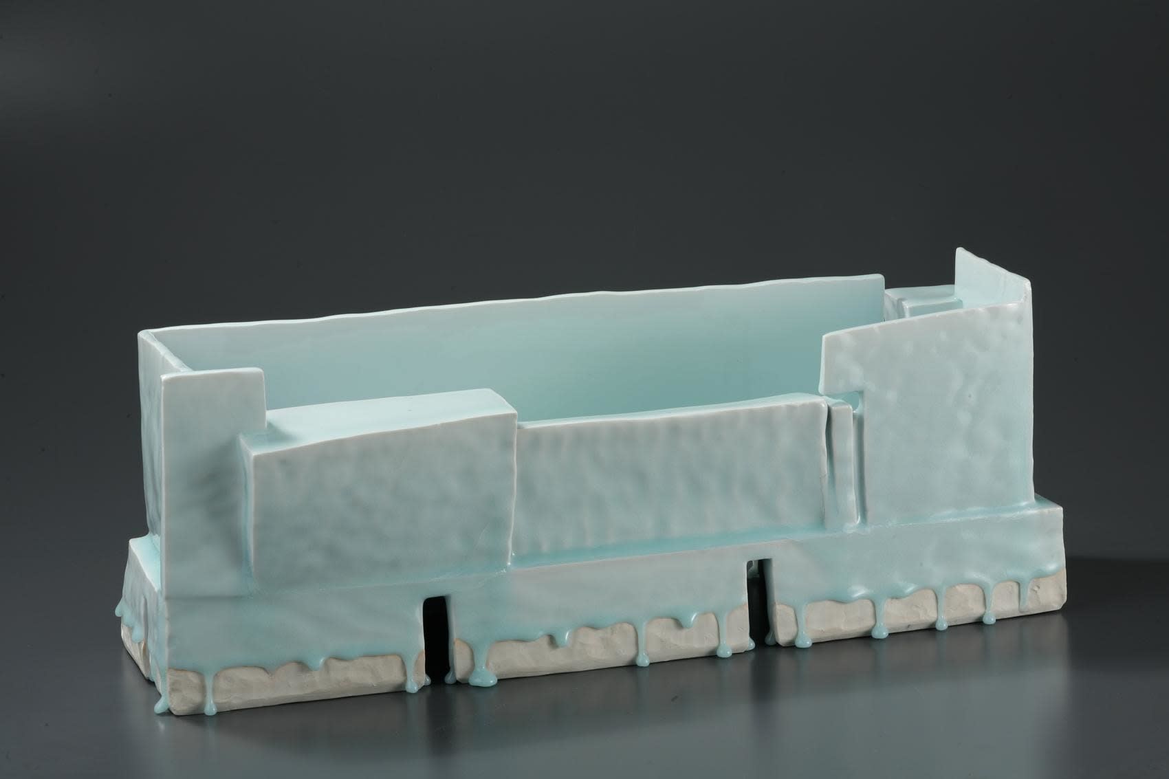Kayô - Long Rectangular ancient Chinese house-inspired sculpture with blue-white seihakuji glaze (Inv# 6252) Glazed Porcelain 9 5/8 X 8 1/4 X 25 1/4 inches