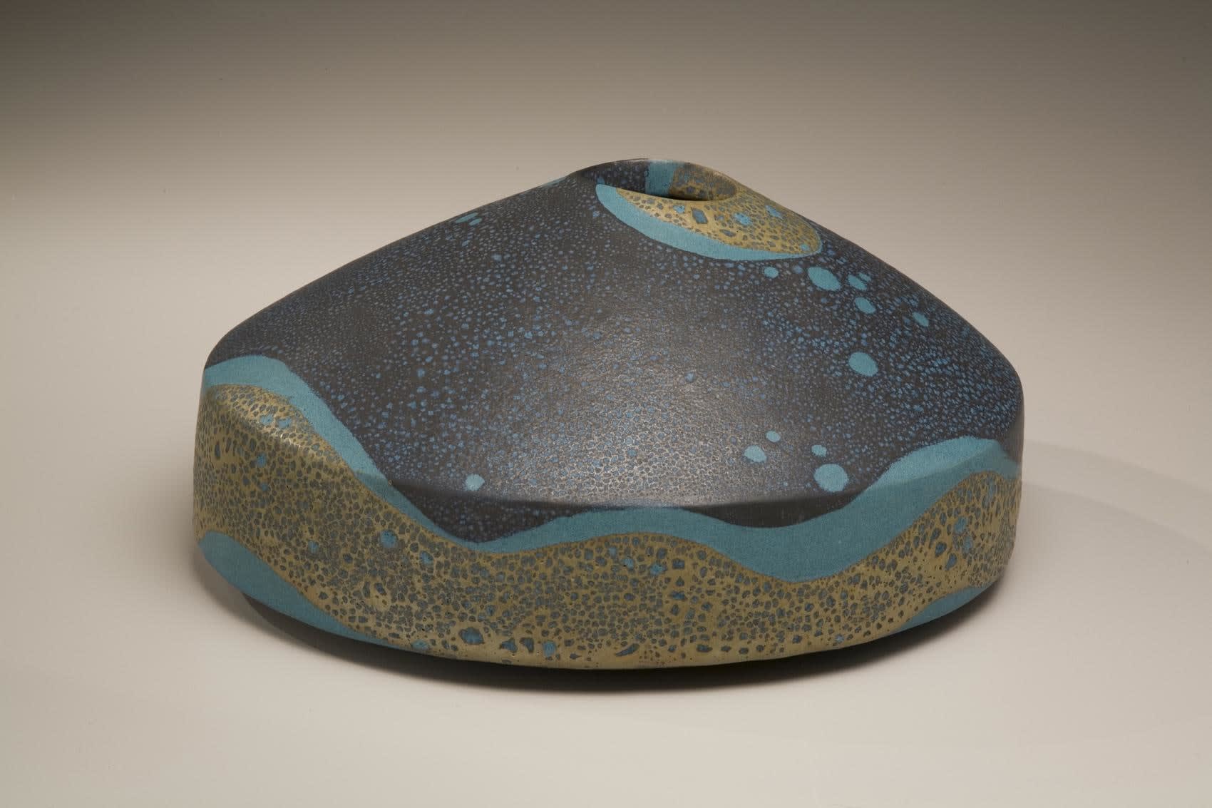 Morino Taimei (Hiroaki) (b. 1934) Flattened ovoid vessel with conical top and turquoise, navy, and ochre iron glaze, 2008 Stoneware with iron glazes 12 5/8 x 11 x 12 5/8 inches Inv# 5741