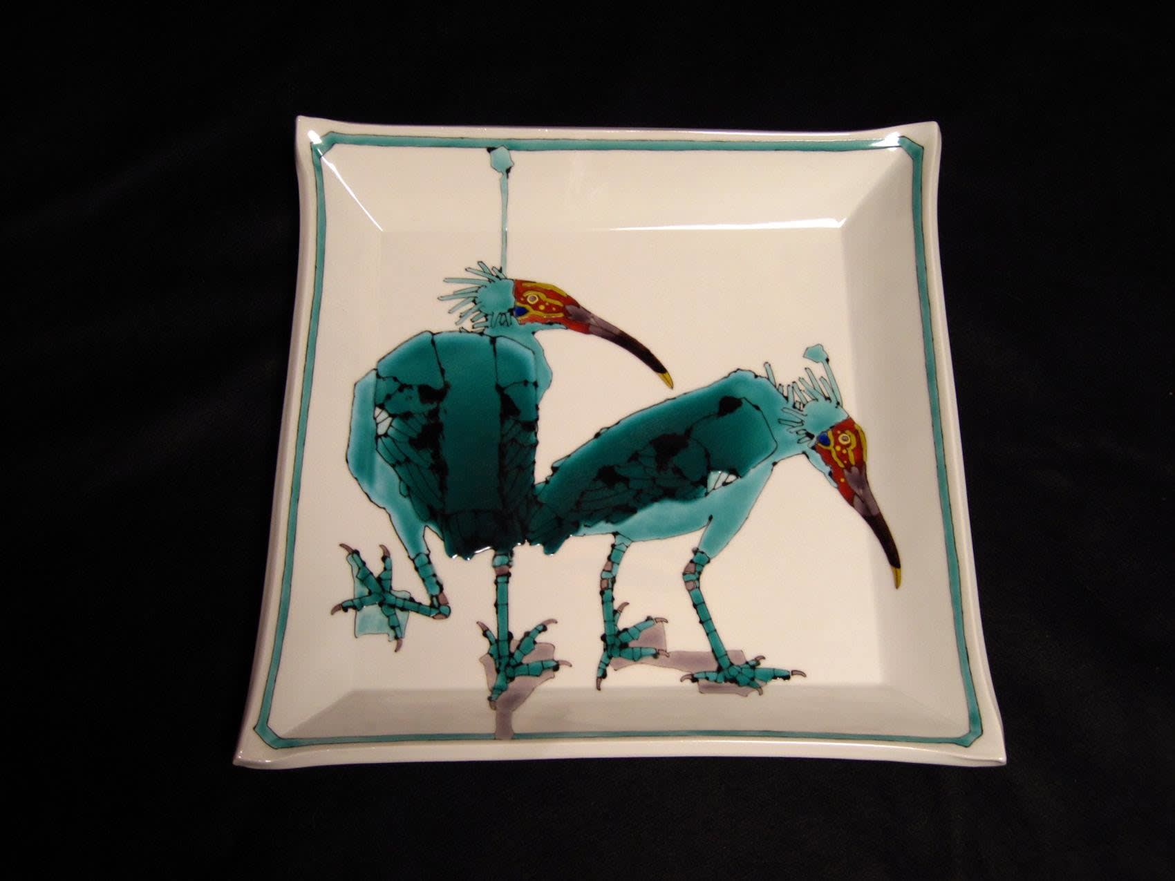 Square plater with angled sides, decorated with two blue Japanese crested ibises, 2010 Porcelain with polychrome enamel glazes 2 5/8 x 15 inches Inv# 6685 SOLD