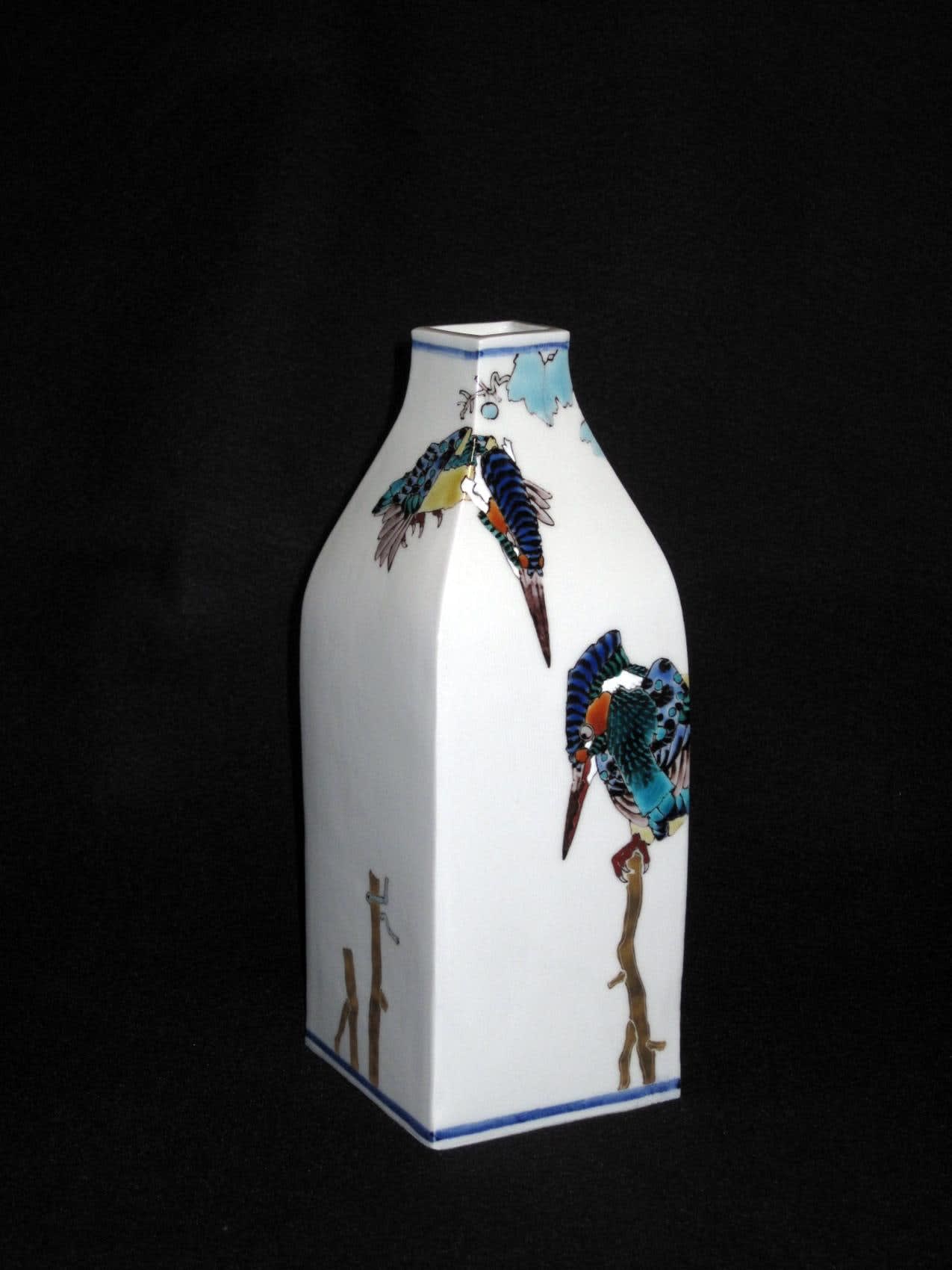 Tall vase decorated with two kingfishers and dried reeds, 2010 Porcelain with polychrome enamel glazes 9 1/2 x 3 3/4 inches Inv# 6681 SOLD