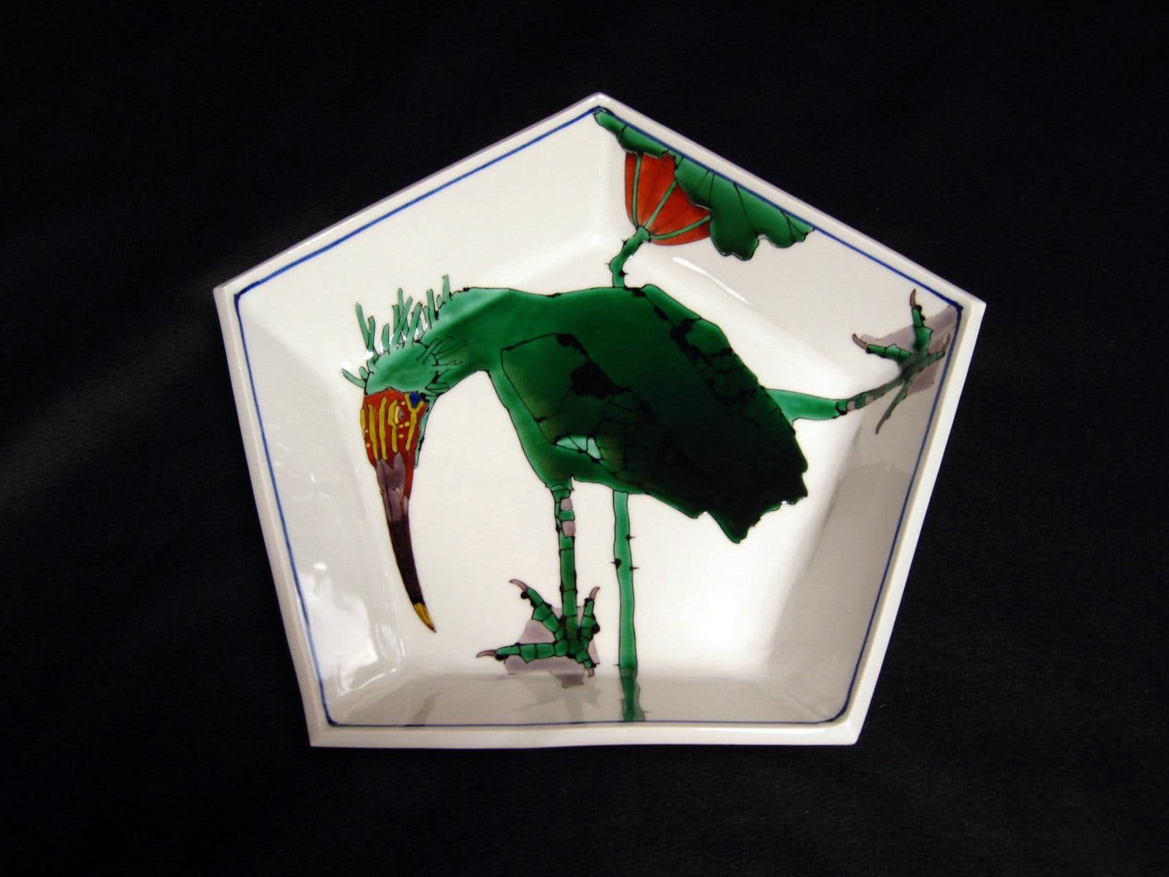Pentagonal platter with angled sides, decorated with a Japanese blue ibis, 2010 Porcelain with polychrome enamel glazes 2 3/4 x 12 1/8 x 12 7/8 inches Inv# 6686 SOLD