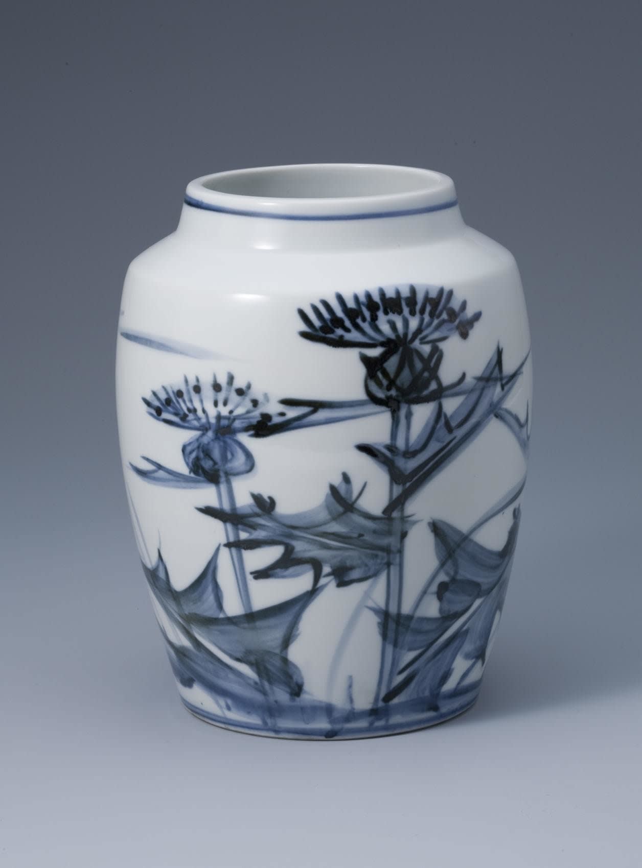 Kondô Yuzo (1902 - 1985) Vase decorated with thistle plants in blue-and-white (sometsuke),1965 Porcelain with cobalt blue underglaze 8 1/4 x 8 3/4 inches Inv# 6648 SOLD