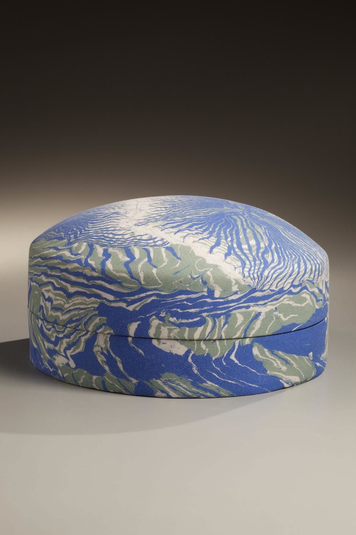 Matsui Kosei (1927-2003) Covered box with neriage (marbelized) clay inlays in white, blue and grey, 1989 Stoneware with marbleized colored inlay 5 1/2 x 10 inches Inv# 6636 SOLD