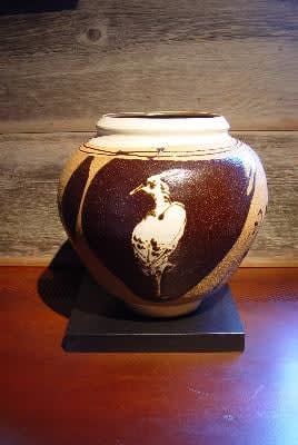 Fujimoto Yoshimichi (1919 - 1992) Stoneware vase with iron-glazed alternating designs of heron and grasses ca. 1967 Glazed stoneware 11 3/8 x 12 inches Inv# 6867 SOLD