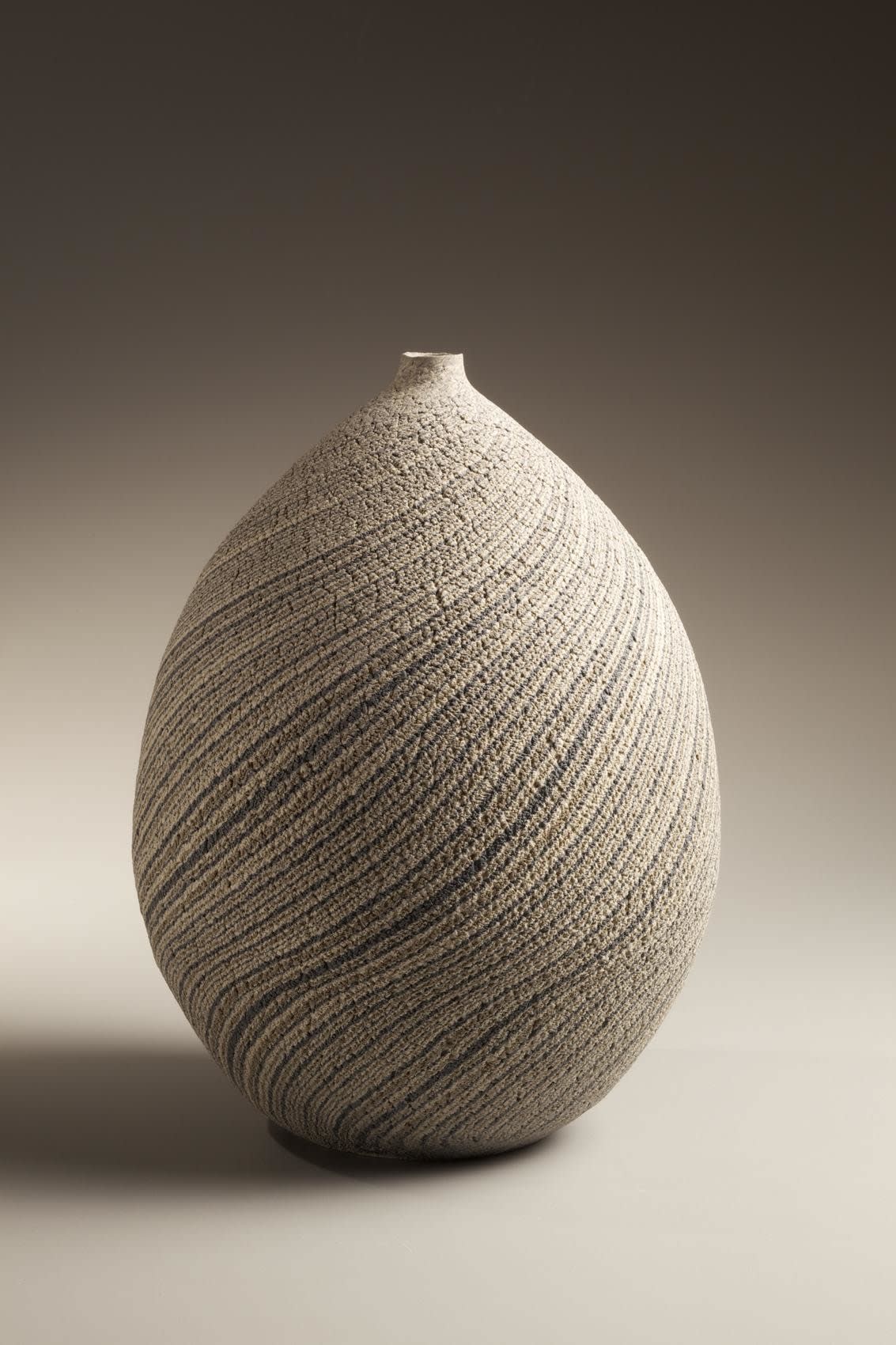 Matsui Kôsei (1927-2003) Ovoid vase striped with blue, gray and white marbleized colored clay, ca.1977 Stoneware with marbleized colored inlay 11 1/4 x 8 1/2 inches Inv# 6556 SOLD