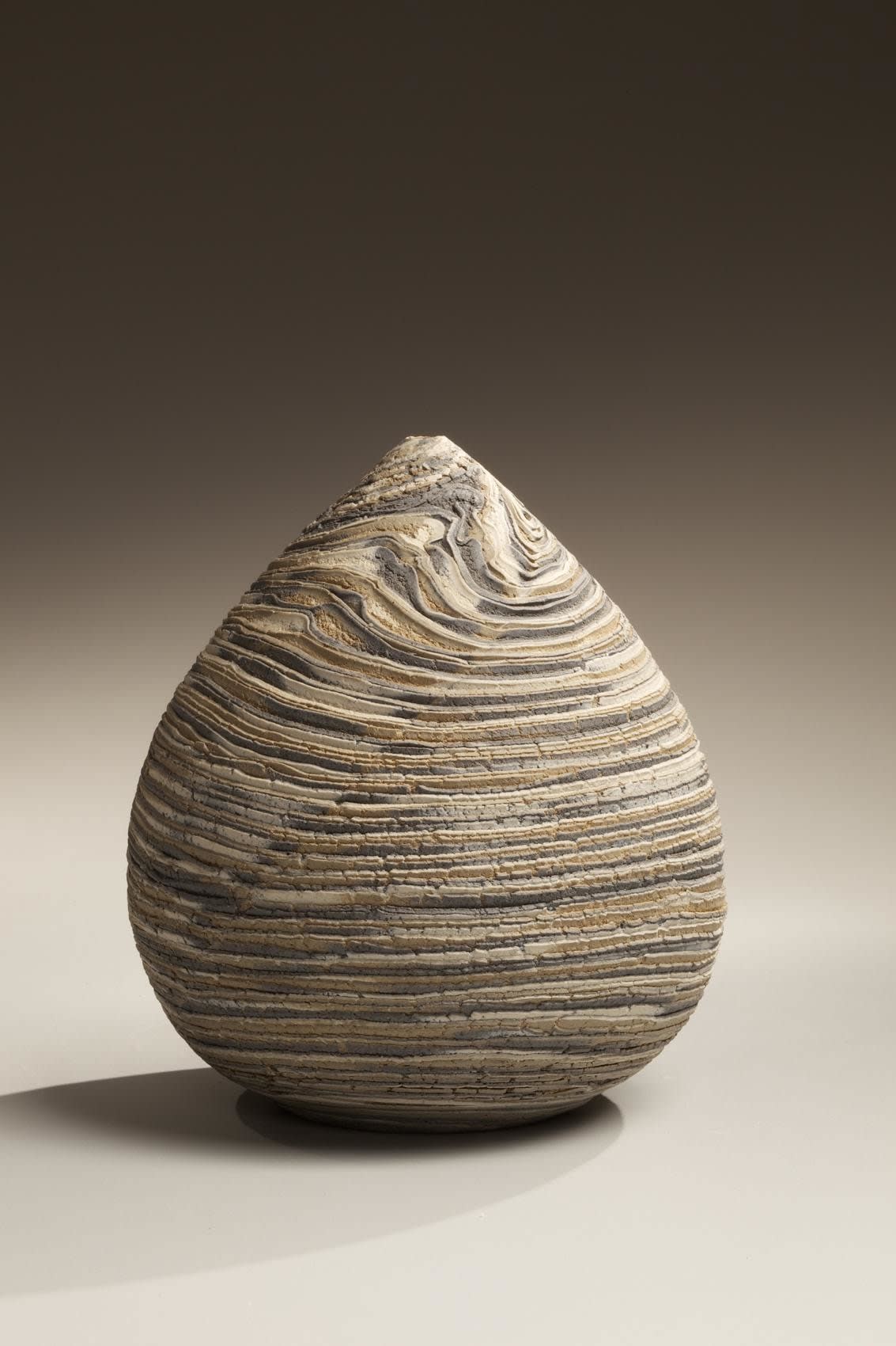 Matsui Kôsei (1927-2003) Small neriage conical vase with marbleized gray, beige and white colored clays, ca. 1977 Stoneware with marbleized colored inlay 6 7/8 x 6 1/8 inches Inv# 6557 SOLD