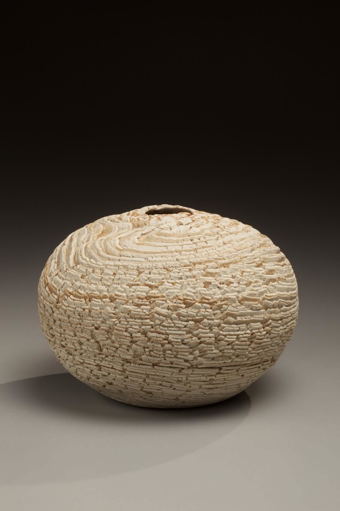 Matsui Kôsei (1927-2003) White and tan marbelized clay (neriage) spherical vase with cracked surface, ca. 1979 Stoneware with marbleized colored clay inlays 6 x 4 1/8 inches Inv# 6743 SOLD