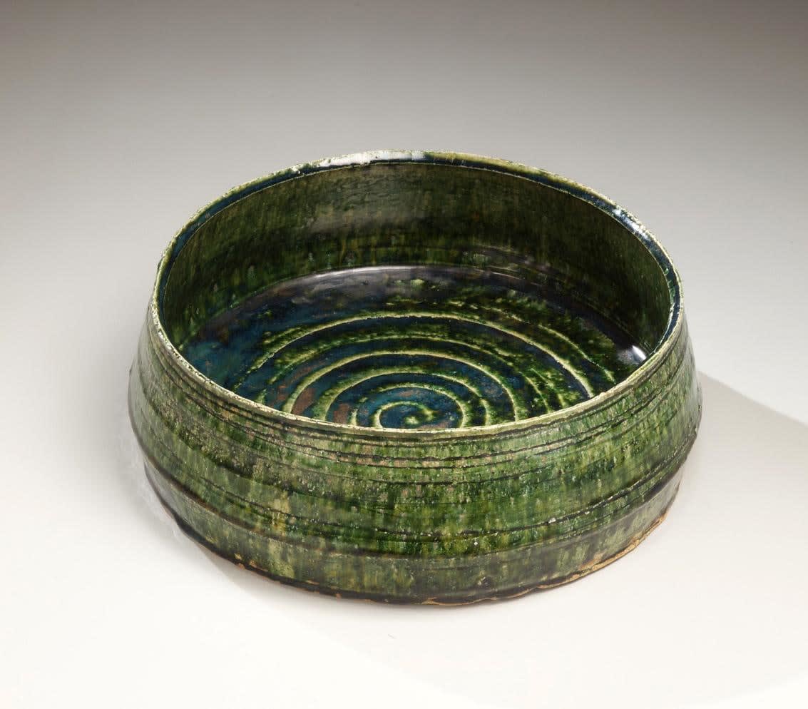 Okabe Mineo Oribe glazed circular vessel with low walls, ca. 1965 Stoneware with copper green oribe glaze 3 7/8x 11 7/8 inches Inv# 6766 SOLD