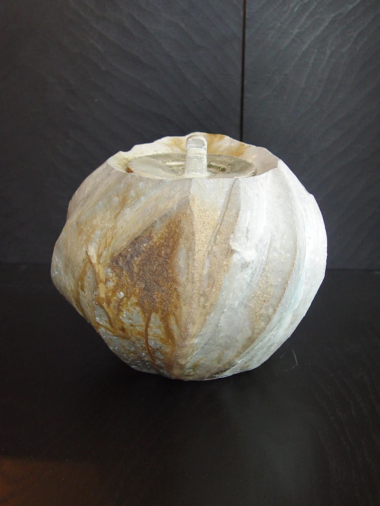 Round covered Tanba water storage jar with ash glaze covering diagonal banding; 2011 Wood-fired stoneware with ash glaze 7 5/8 x 10 3/8 x 8 7/8 inches; Inv# 6925 SOLD