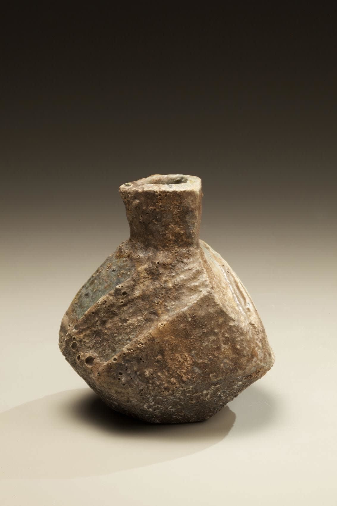 Small triangular Tanba flower vase with pinched neck and kiln effects, 2011 Wood-fired stoneware with natural kiln effects 5 1/2 x 5 1/8 inches; Inv# 6934 SOLD