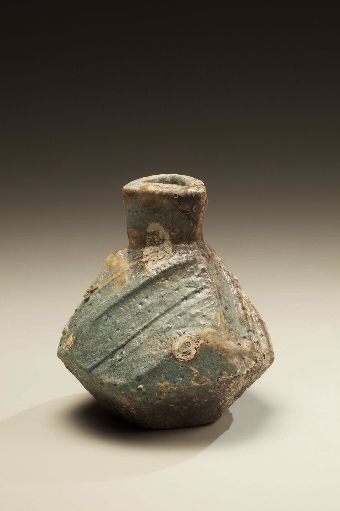 Small triangular Tanba flower vase with pinched neck and kiln effects, 2011 Wood-fired stoneware with natural kiln effects 5 1/2 x 5 1/8 inches; Inv# 6934 SOLD