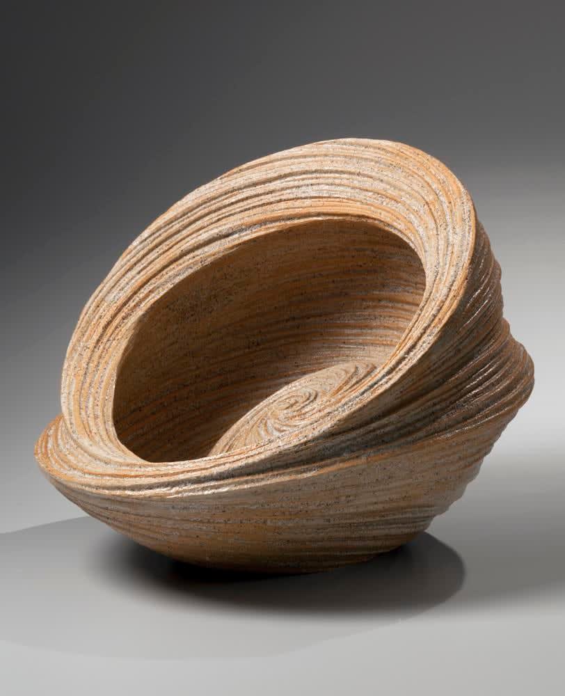 Round wide-mouthed double-walled swirling vessel with slanted side and incised linear patterning, 2013 Stoneware with sand glaze 12 x 15 1/8 x 15 3/8 in. Inv# 8534 SOLD