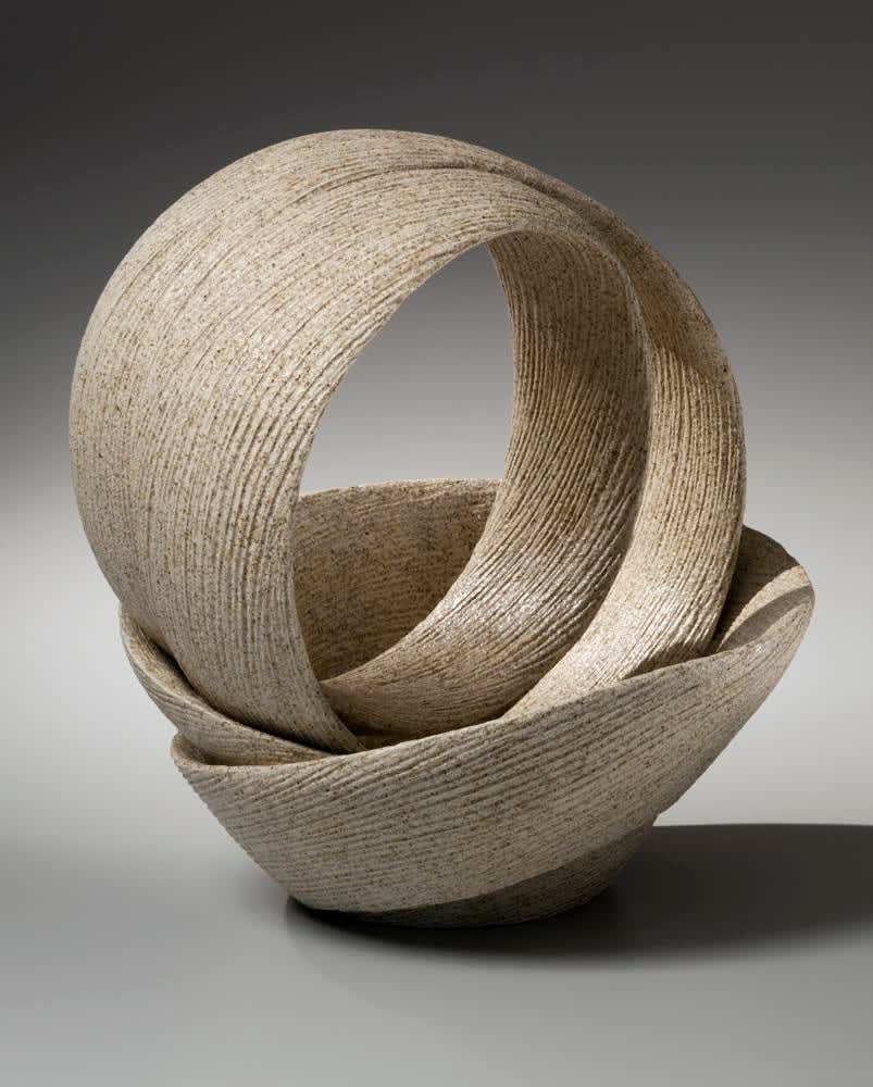 Open twisting double-walled sculpture with incised linear carving, 2012 Stoneware with sand glaze 16 3/8 x 14 1/8 x 16 1/8 in. Inv# 8540 SOLD