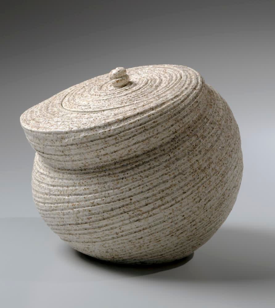 Carved partially double-walled water jar with diagonally carved linear patterning, 2013 Stoneware with sand glaze 6 1/2 x 8 x 7 3/8 in. Inv# 8548 SOLD