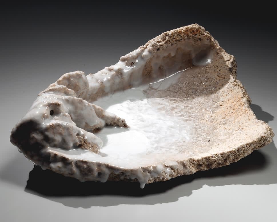 Torn, triangular sculpture with pooled and poured white translucent crackled glass 2014 Unglazed multi-fired porcelain with glass 6 3/4 x 19 3/4 x 13 3/4 in.