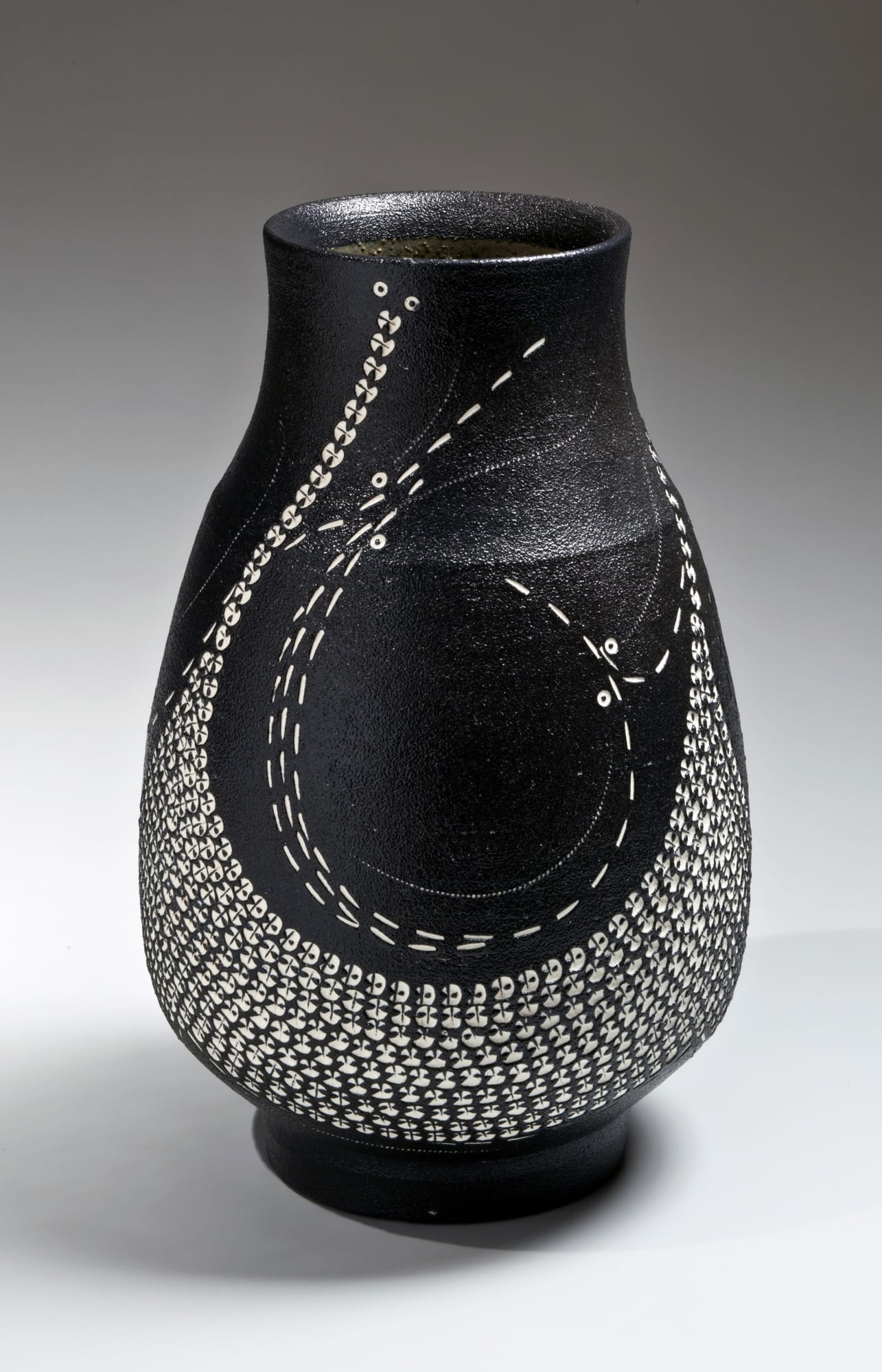 Kondō Yutaka (1932-1983) Black-glazed vase with stamped and white slip inlay rouletted patterning 1981 15 1/4 x 10 in. Inv# 9306 SOLD