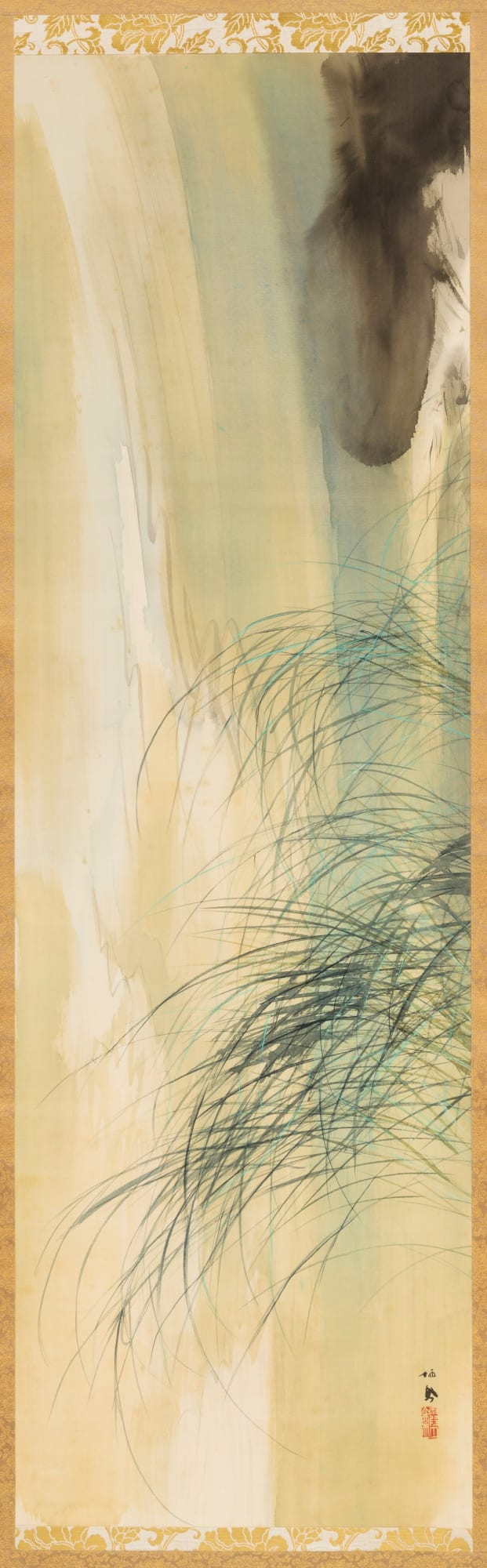 Takeuchi Seih&ocirc; (1864-1942) Close up view of a plunging waterfall with green grasses, ca. 1930-35 Hanging scroll; ink and color on silk 24 1/2 x 91 in. 16 1/2 x 53 in. (exclusive of mount) Inv# 9148 SOLD