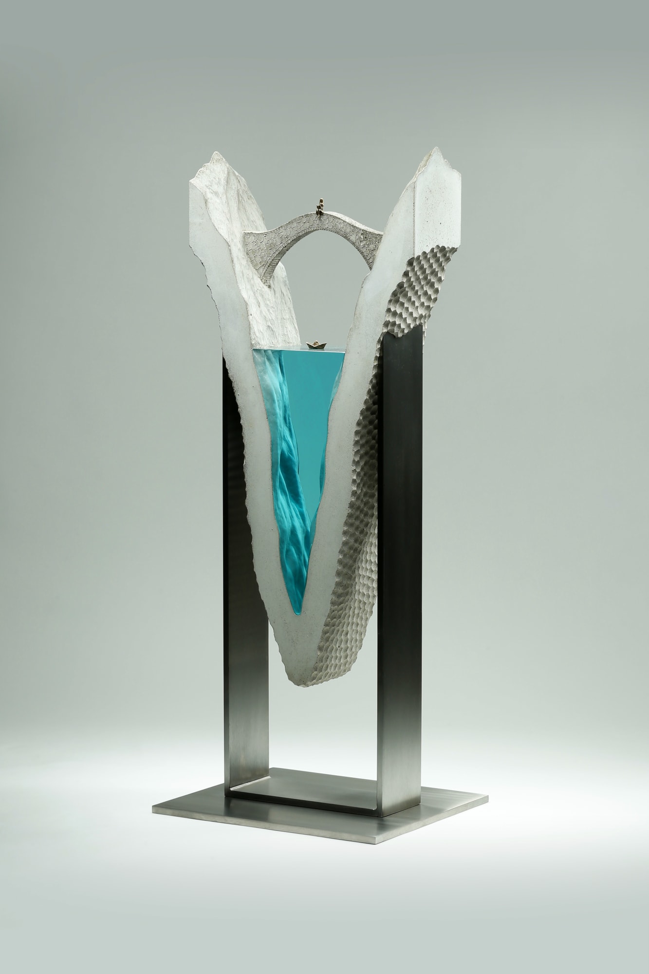 Ben Young Adrift, 2020 Laminated Float Glass, Cast Concrete, Bronze and Stainless Steel Frame 88h x 35w x 30d cm