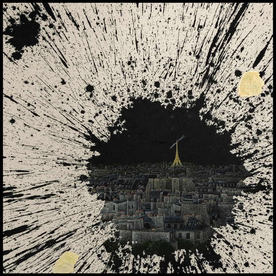 Jieun Park (Korea - b.1987) A Little Talk: Paris, 2024 Chinese Ink, Acrylic & Gold Leaf on Korean Paper 60h x 60w cm