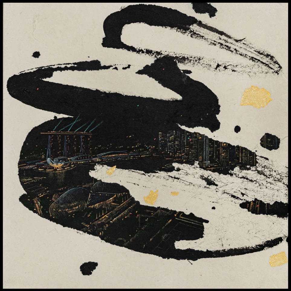 Jieun Park (Korea - b.1987) A Little Talk: Singapore, 2024 Chinese Ink, Acrylic & Gold Leaf on Korean Paper 30h x 30w cm