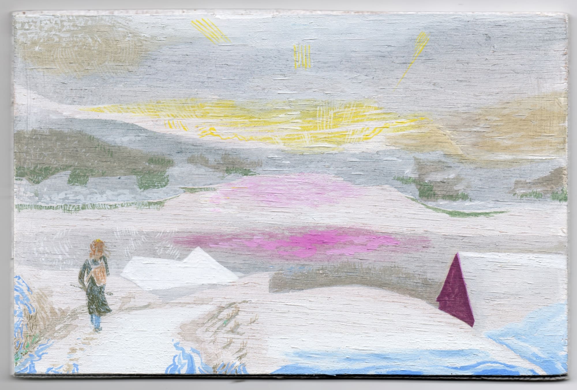 The sun sets into Hardangerfjord, Paul Ryan, gouache on wood
