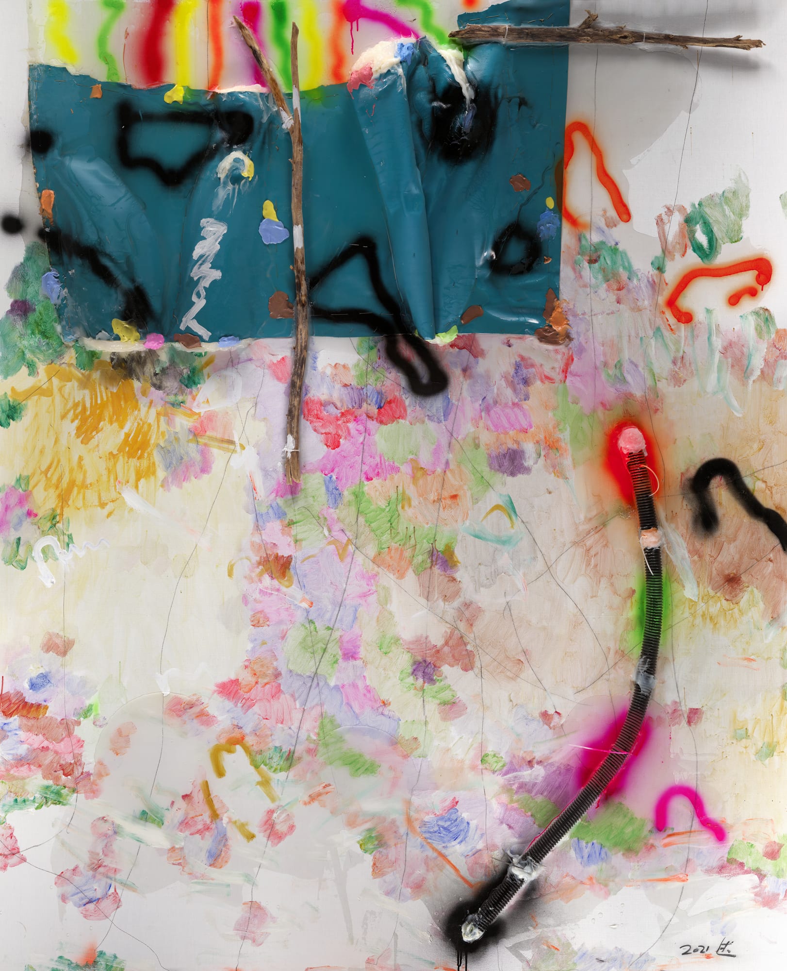 杨述，S No.10，布面丙烯，自喷漆，树脂，硅胶，木炭条，铅笔，粘土，人造革，发泡胶，塑料波纹管，尼龙扎带，树枝，尼龙线， 220 × 180 cm，2021 Yang Shu, S No.10, Acrylic, spray paint, resin, silicone, charcoal stick, twig, cable tie, paper, faux leather, packing belt, nail, paper tape on canvas, 220 × 180 cm, 2021