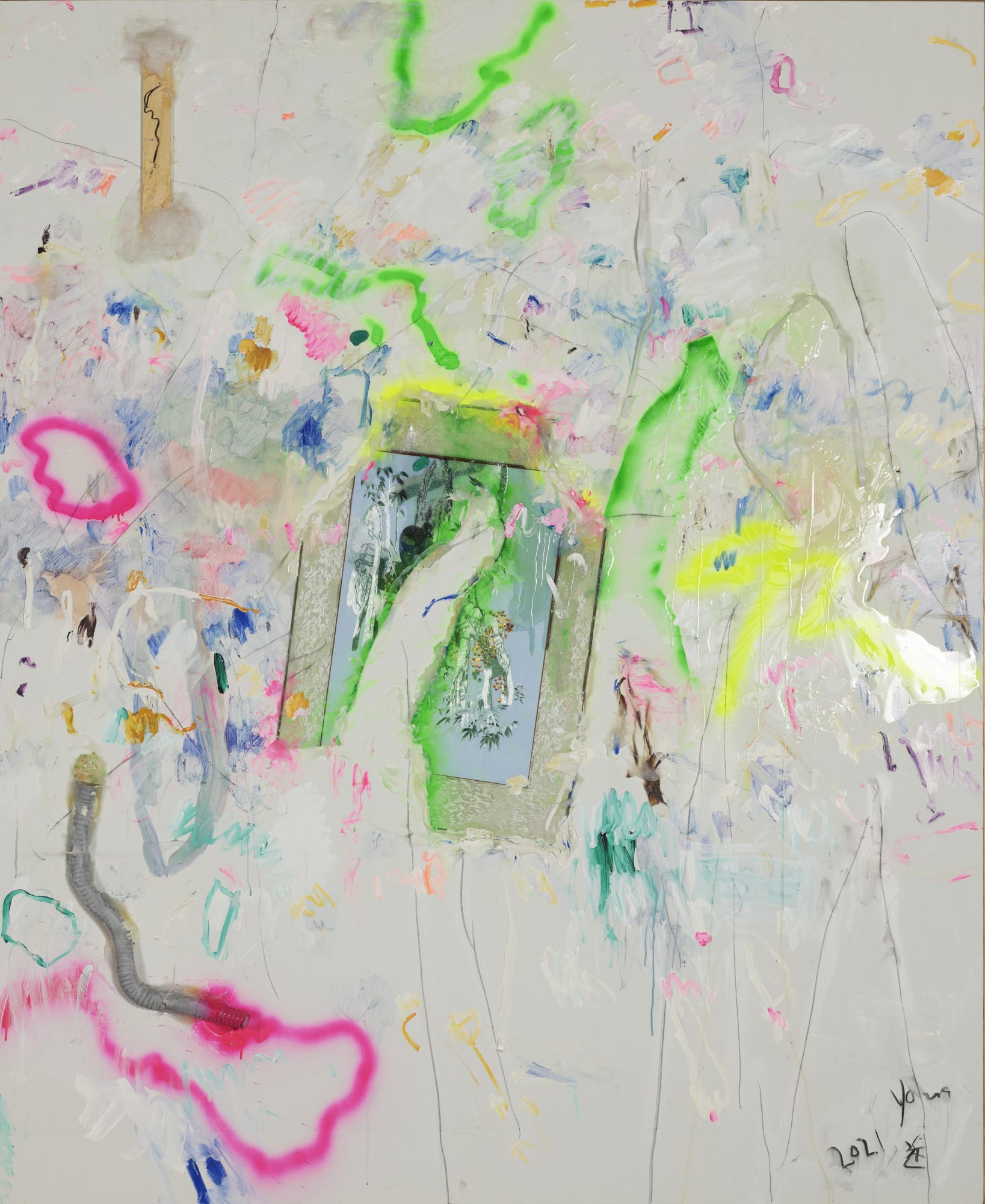 杨述，S No.5，布面丙烯，自喷漆，树脂，硅胶，木炭条，绣片，木条，塑料波纹管，尼龙扎带，220 × 180 cm，2021 Yang Shu, S No.5, Acrylic, spray paint, resin, silicone, charcoal stick, embroidery piece, wooden bar, plastic bellow, cable tie on canvas, 220 × 180 cm, 2021