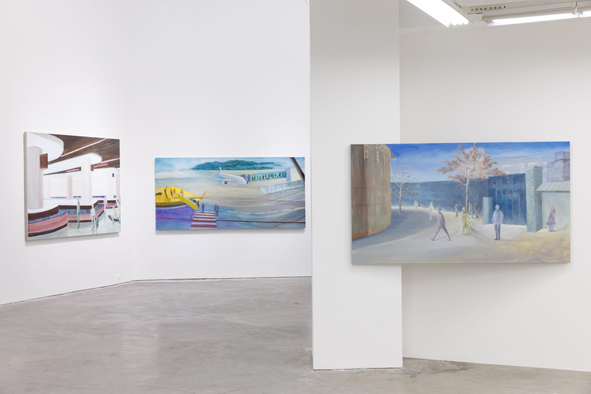 Installation view of Anna Ngan Leong Cheung's solo exhibition "Onlooker" that shows her two works; the left is Apron created in 2024 and the right is Industrial Park created in 2024.