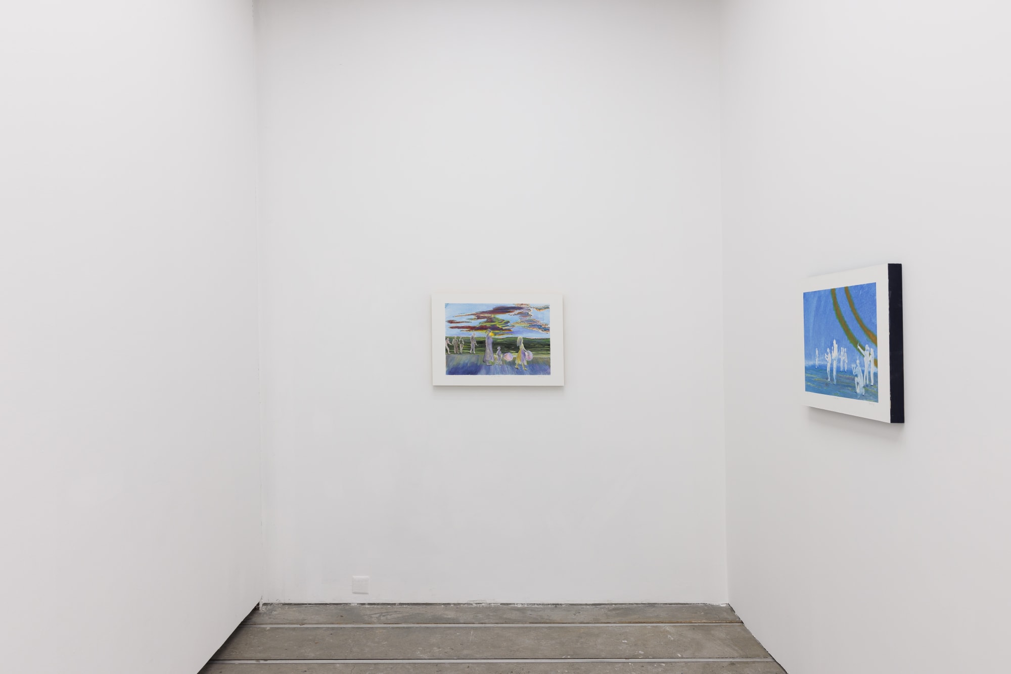 Installation view of Anna Ngan Leong Cheung's two monotype works on archival paper; one is On The Right created in 2025; another one is On The Left created in 2025