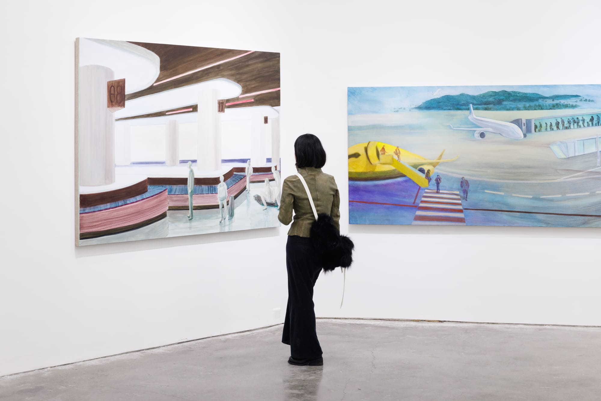 Installation view of Anna Ngan Leong Cheung's two works in acrylic; the one is Airport-CD028 created in 2023; another one is Apron created in 2024; a female visitor stands in front of the works.