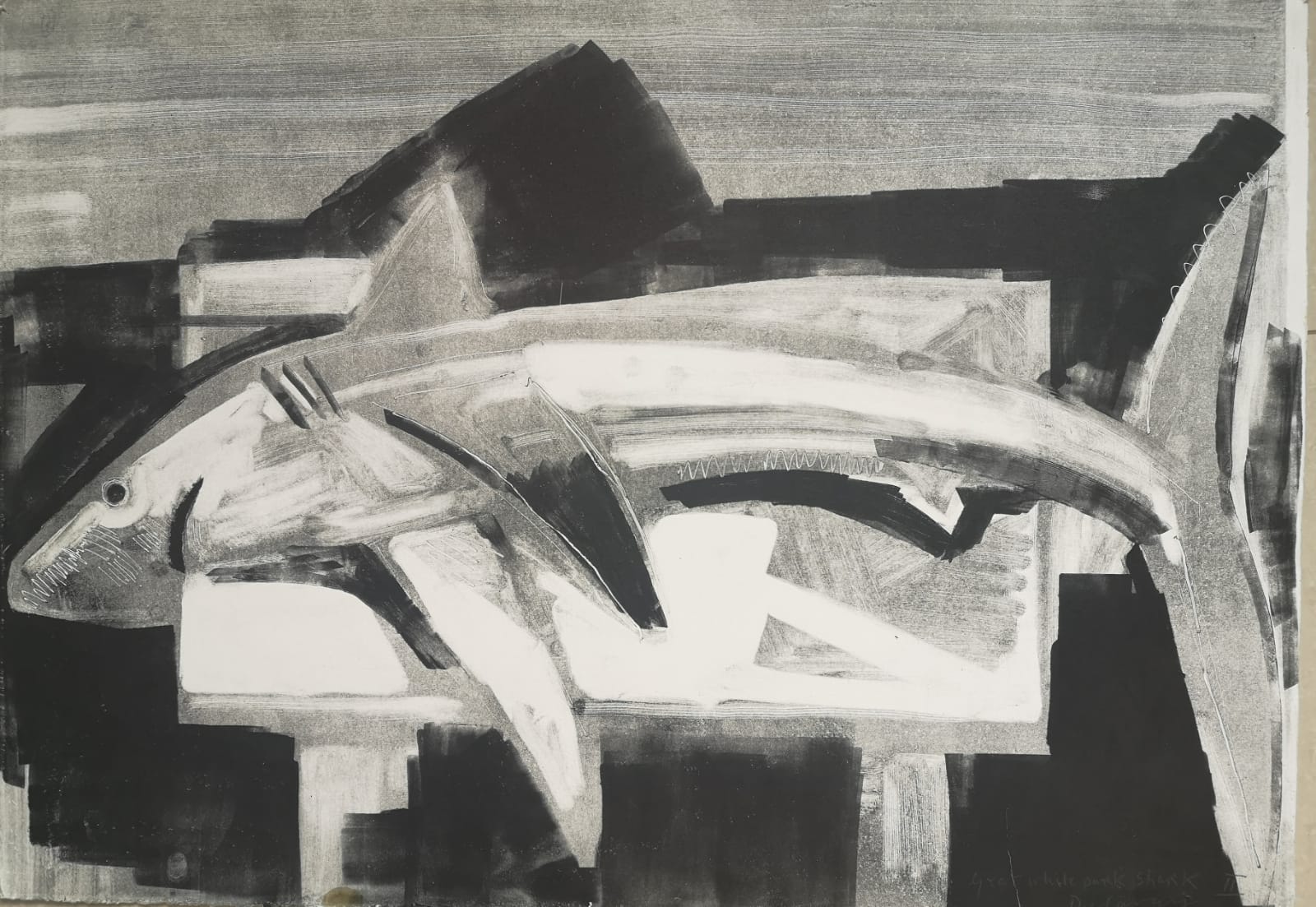 Diarmuid Delargy, Great whitepark shark, monoprint unique on zerkel, 77x54 cms