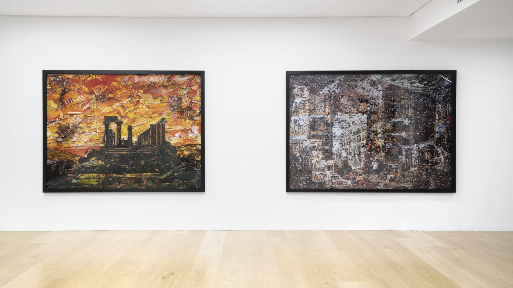 Installation view of a gallery with framed photo collages by Vik Muniz