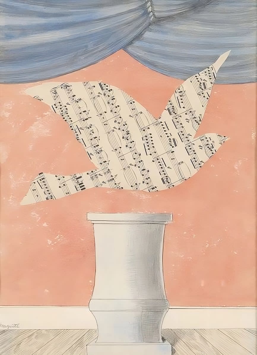 René Magritte, Colombe, 1961–62, Papier collé, watercolor and pencil on paper, 42.8 x 30.8 cm (16⅞ x 12⅛ in.) ON LOAN © 2025 C. Herscovici, Brussels / Artists Rights Society (ARS), New York