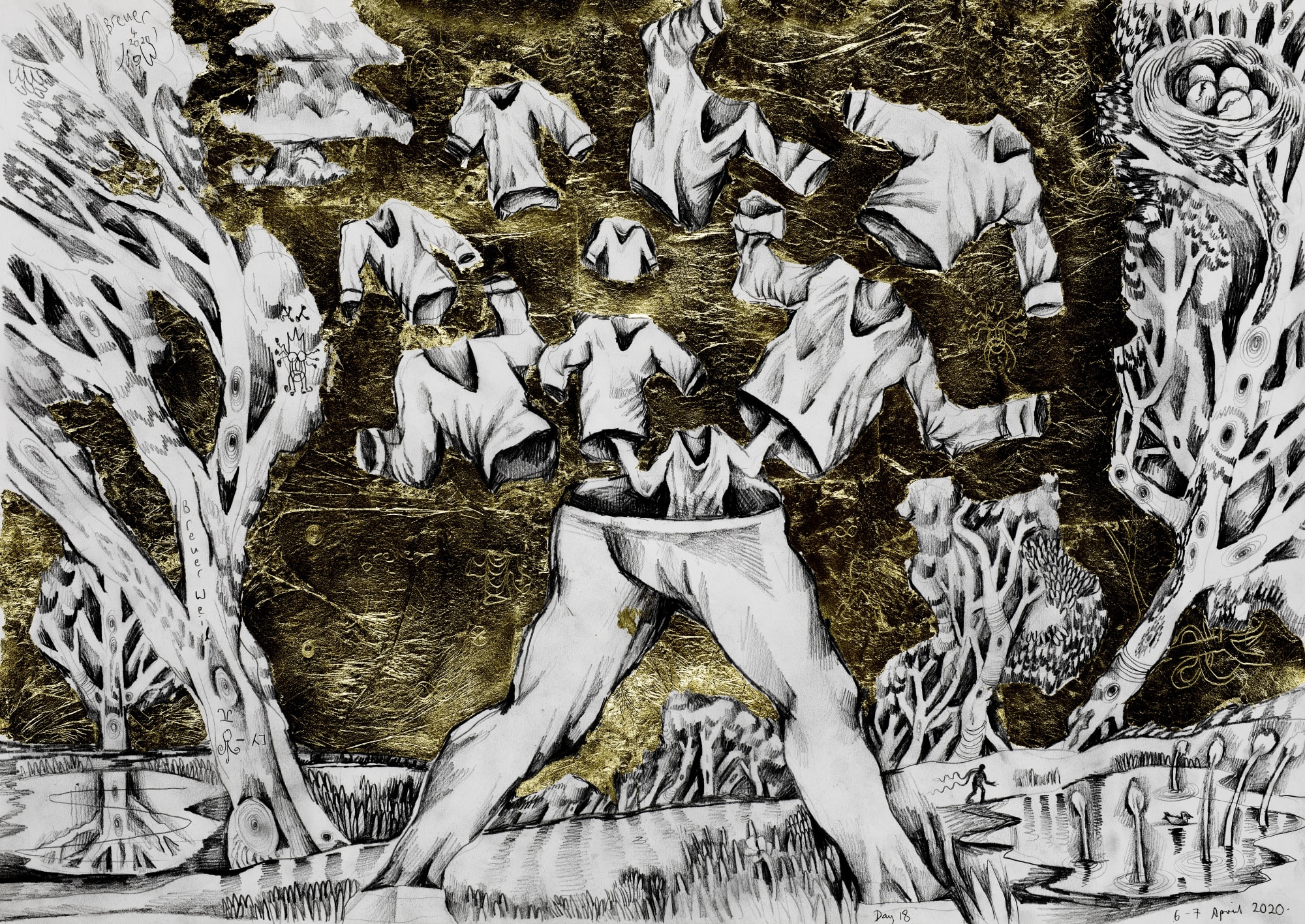 A landscape with walking pants and flying shirts, ponds and trees in the background